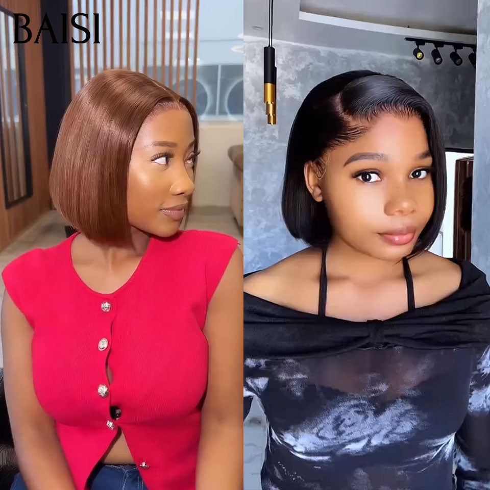 BAISI 2 perruques pixie Offre spéciale 109€ 13X4 lace frontal lisse 10 pouces noir et marron en 100% vrais cheveux humains