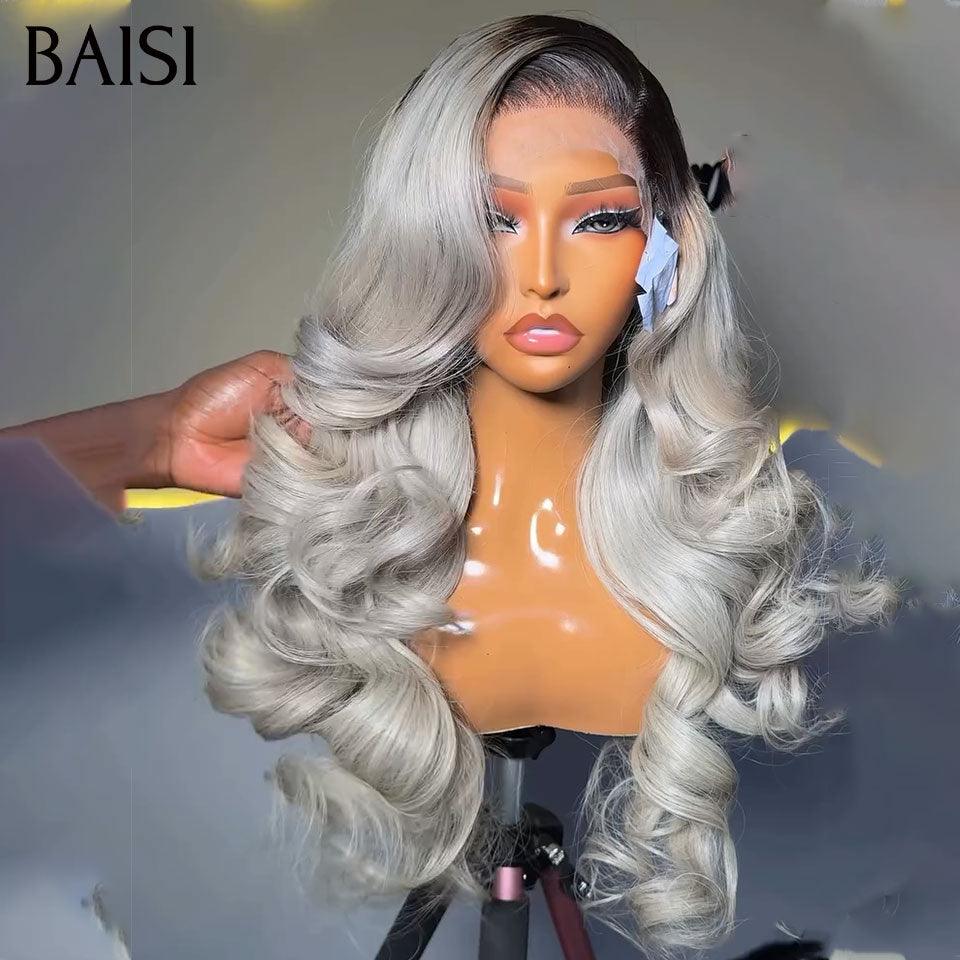 BAISI Collection Poivre et Sel 13X4 Frontal Perruque Body Wave grise claire mixte violet  En 100% Vrais Cheveux Humains