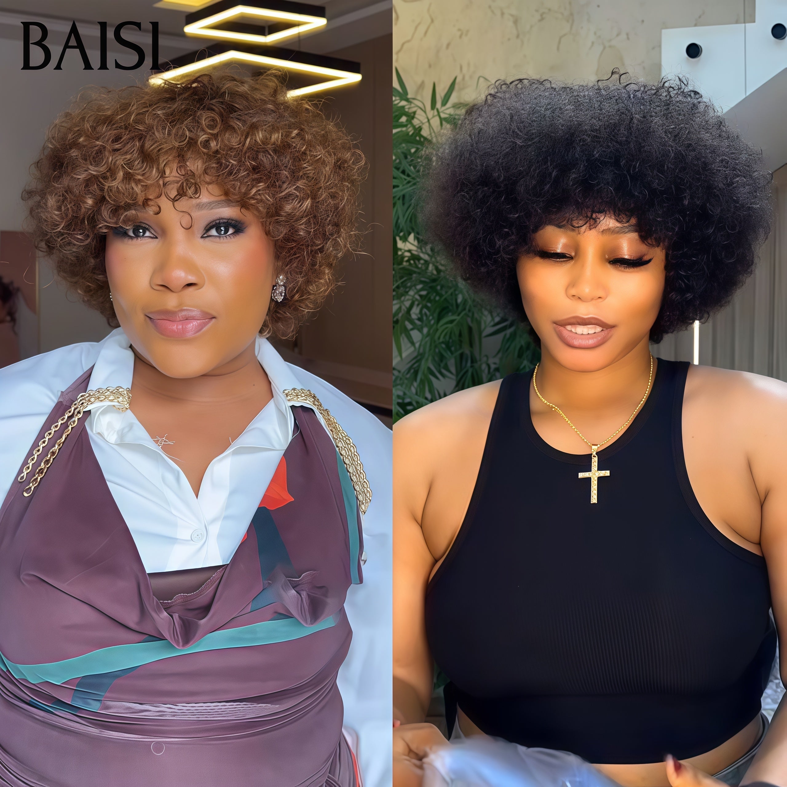 BAISI Promo Limitée 2 Perruques Sans Colle 66€ curly wave pixie NOIR et mixte en 100% vrais cheveux humains