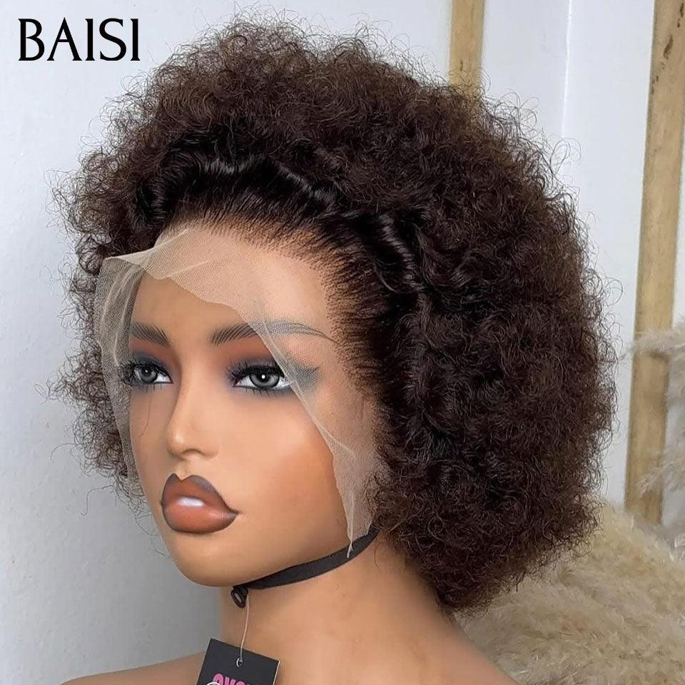 BAISI 13X4 lace Perruques Grande Promo arrivage pixie coupe afro Curly En marron #4 En 100% Cheveux Humains
