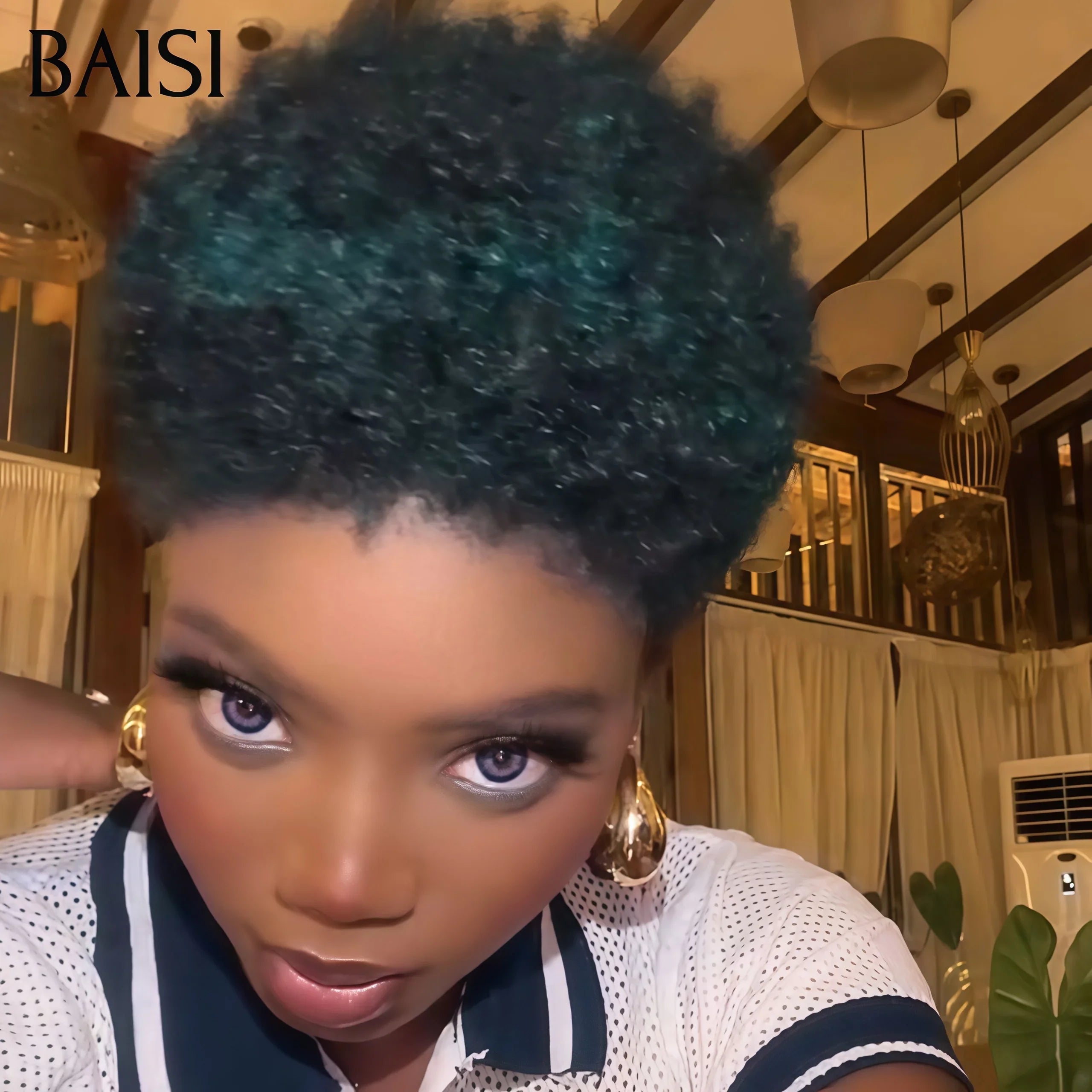 BAISI Parrucca Pixie Afro Curl 13x4 frontale in pizzo riccio all over Nero in capelli umani al 100% F-905