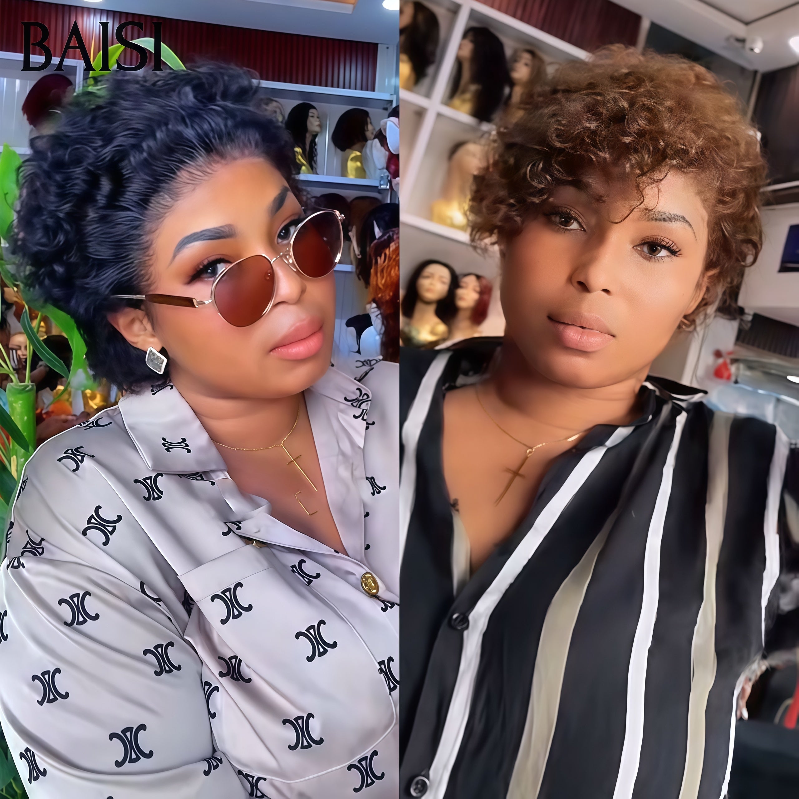 BAISI 2 perruques 78€ PROMO lace frontal  pixie curl wave en couleur NOIR et Marron en 100% vrais cheveux humains