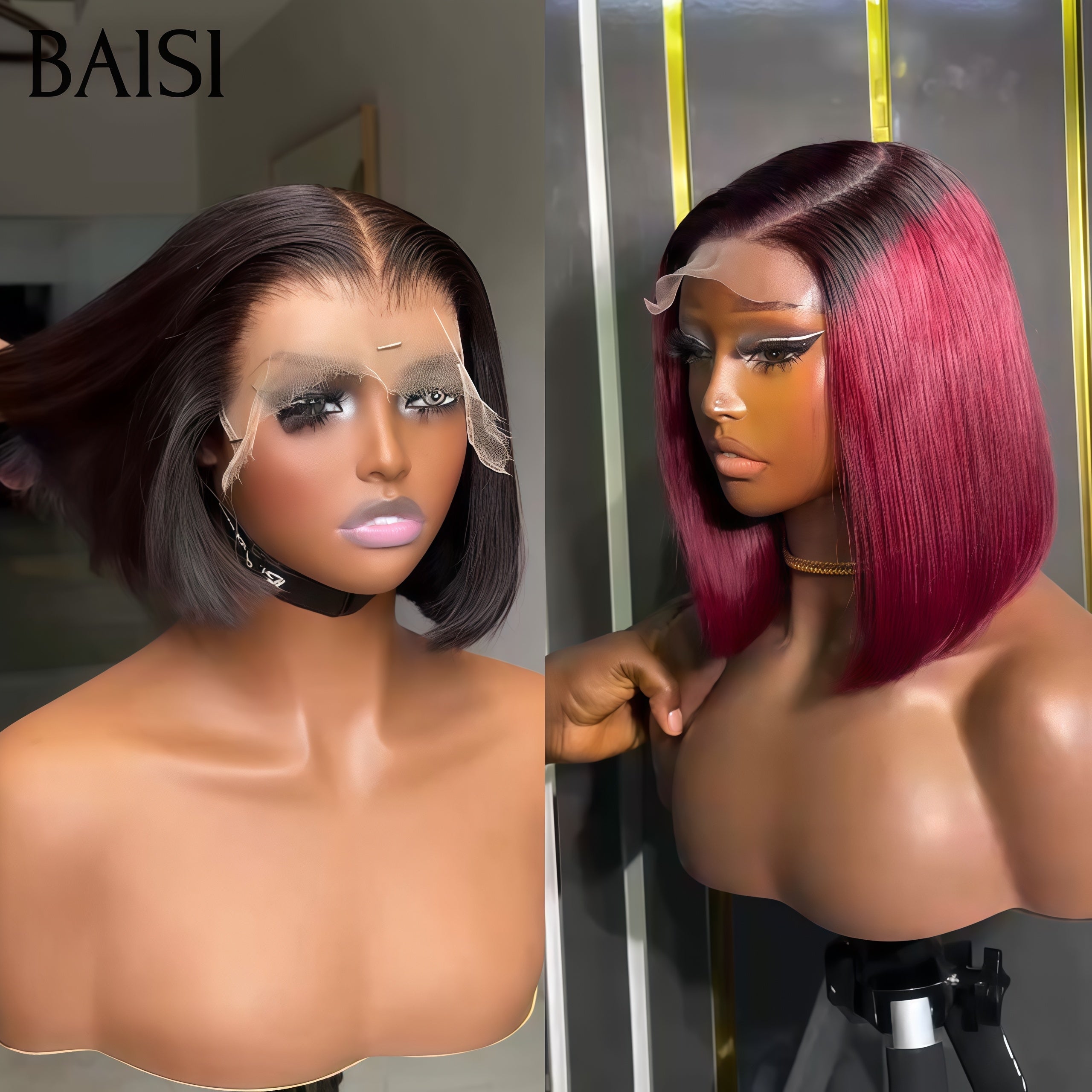 BAISI PROMO 2 perruques 148€ 4X4 lace closure Lisse BOB en couleur NOIR et Bordeaux 100% Vietnam Hair en 100% Cheveux Humains
