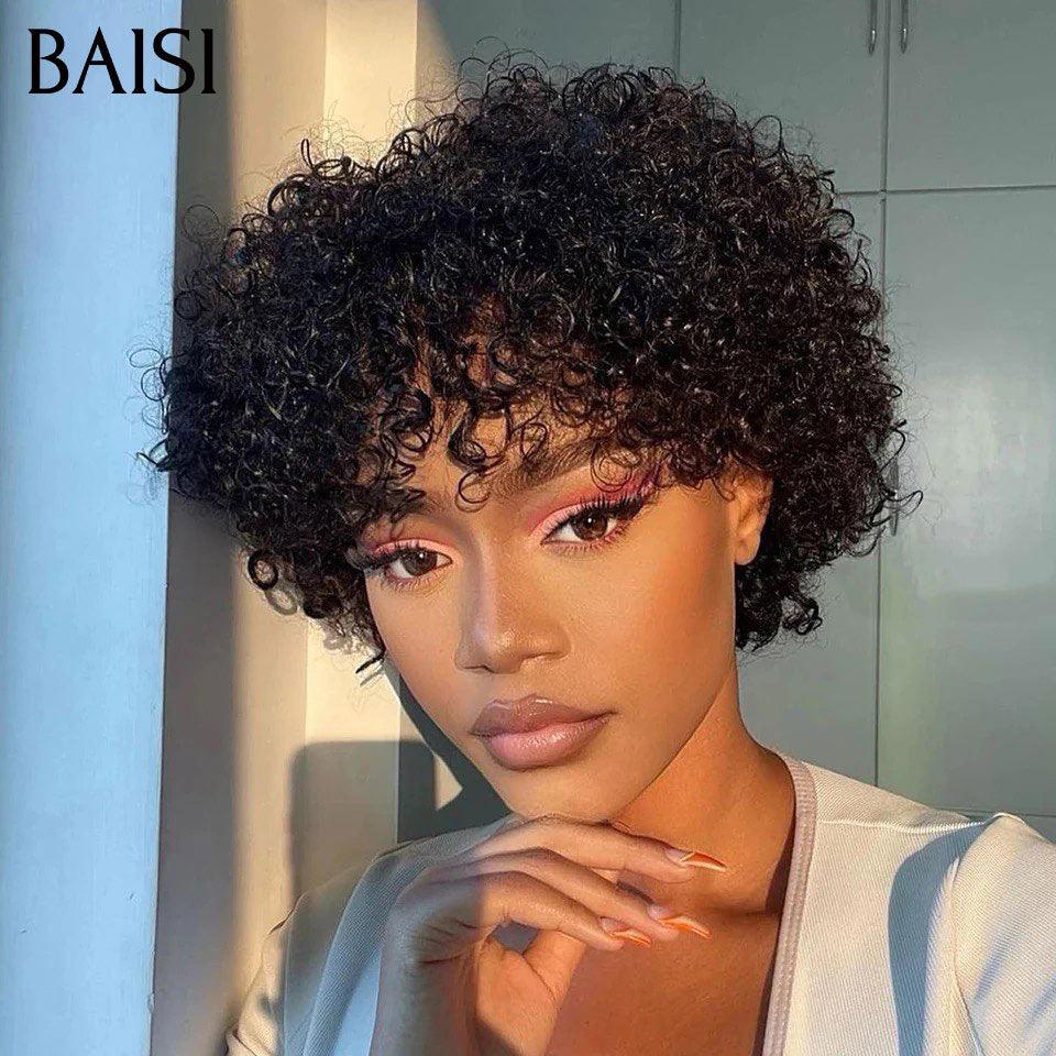 BAISI Achetez 1 + 1 Gratuite = 119€ sans Colle pixie curly wave et 13X4 Lisse 12 Pouces en 100% Cheveux Humains  BS60