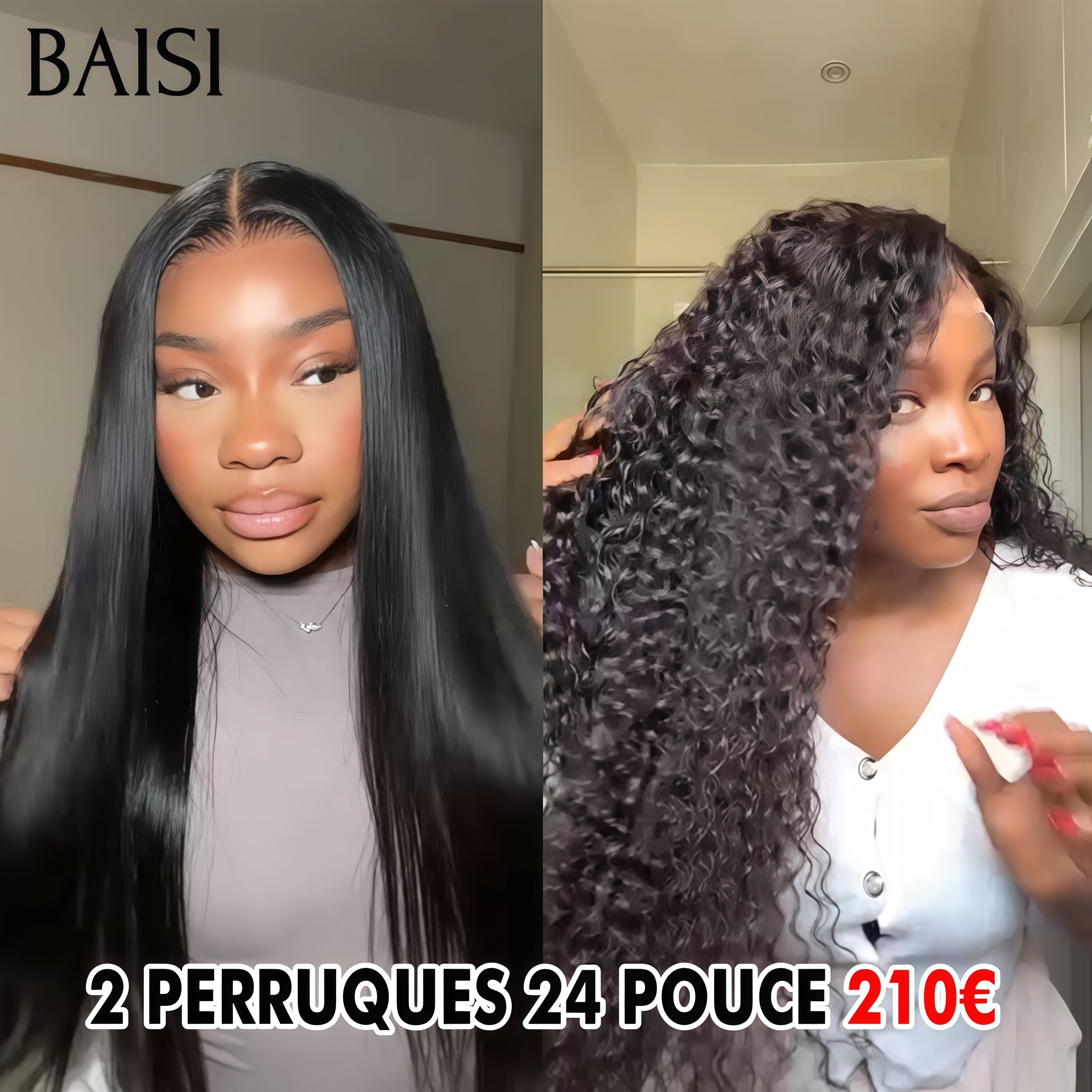 BAISI 2 Perruques 210€ Moitié Prix lace Frontal 24 pouce Lisse et curly wave 200% densité plus de 20 ans d' utilisations en 100% vrais cheveux humains