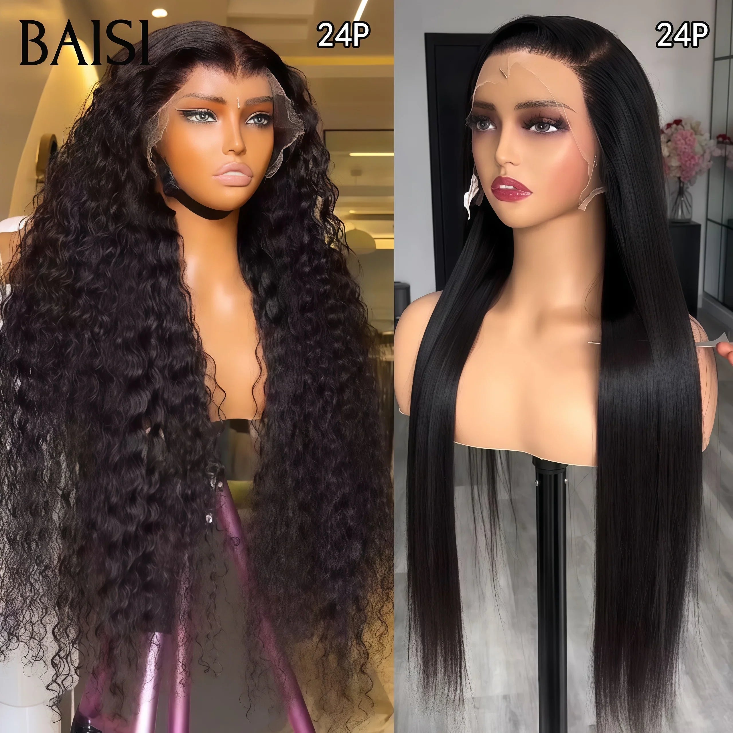 BAISI  2 Perruques pour revendre 200€ 13X4 curly wave et 4x4 lace closure Lisse 24 pouces couleur NOIR 200% densité en 100% vrais cheveux humains