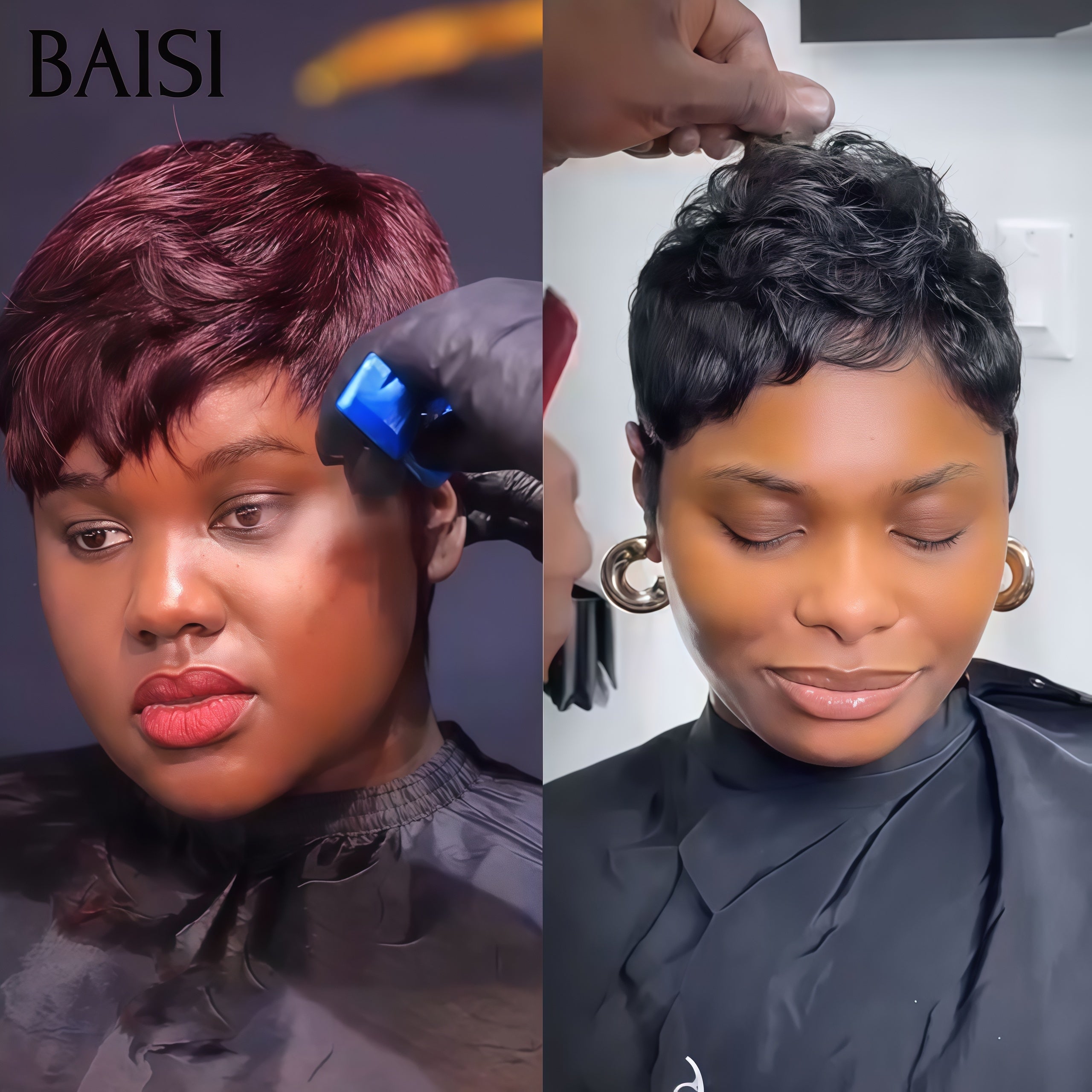 BAISI 2 Perruques = 55€ pixie sans Colle Bordeaux et NOIR ou 2 Couleurs perruques Frontal 246€ en 100% vrais cheveux humains