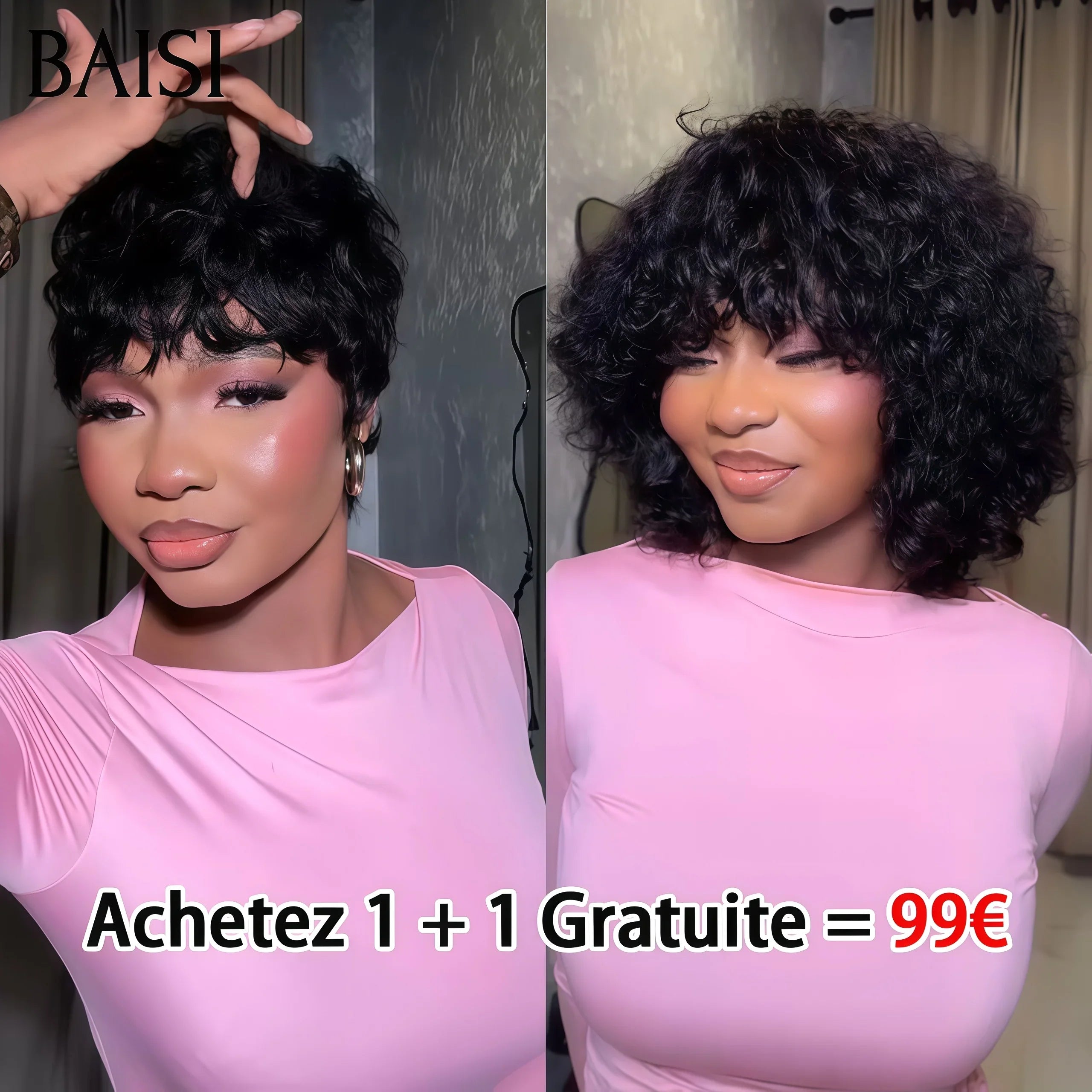 BAISI Achetez 1 + 1 Gratuite = 99€ sans lace pixie Lisse et water wave ou 6 Perruques + 2 Gratuits = 500€ en 100% vrais cheveux humains  (pas besoin de code)