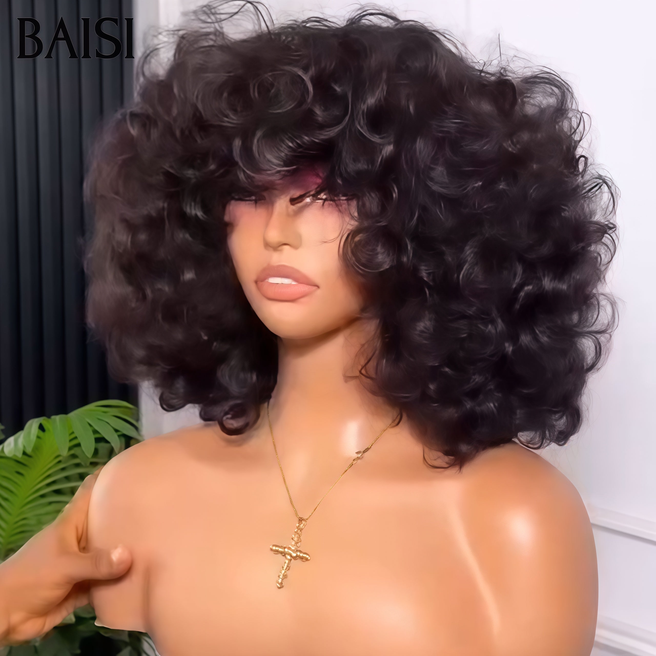 BAISI Luxury Egg Wave Wigs with Bangs Made by Double Drawn Hair with Natural Middle Parting 300% Density