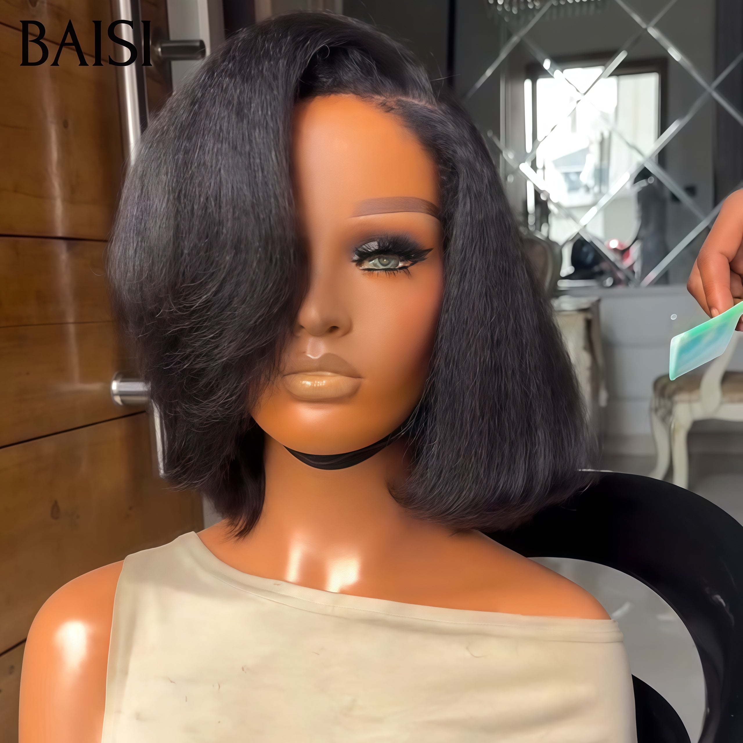 BAISI 13X4 lace frontal Perruque Bob 85€ Kinky Straight 10 pouces En couleur Marron 1BT4# ou Noir  en 100% Raw Hair 4C Hairline 300% densité plus de 20 ans d' utilisations 100% Cheveux Humains