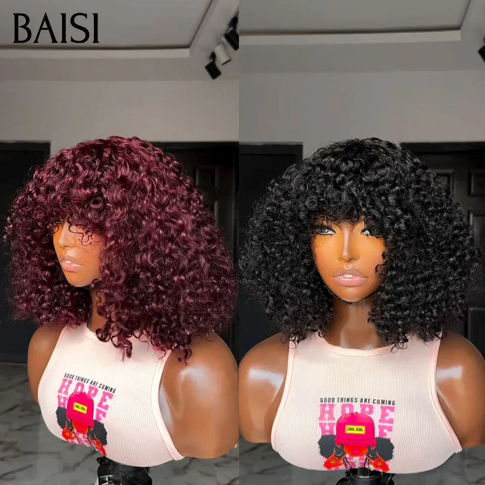 BAISI  2 Perruques pour revendre 150€ Bob curly wave avec Frange 12 pouces couleur NOIR et Bordeaux en 100% vrais cheveux humains FR20