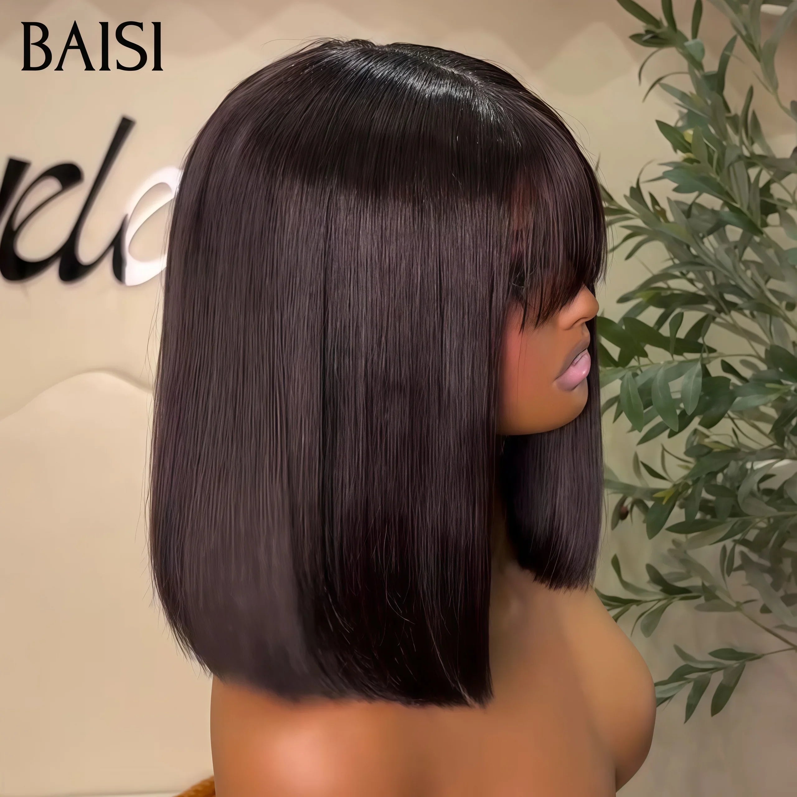 BAISI Achetez 2 perruques minimum au prix d'usine fournisseur 2X4 lace Lisse Bob avec Frange ou 13x4 Lace Frontal Perruque 065C Egg Wave en Noir en 100% Cheveux Humains