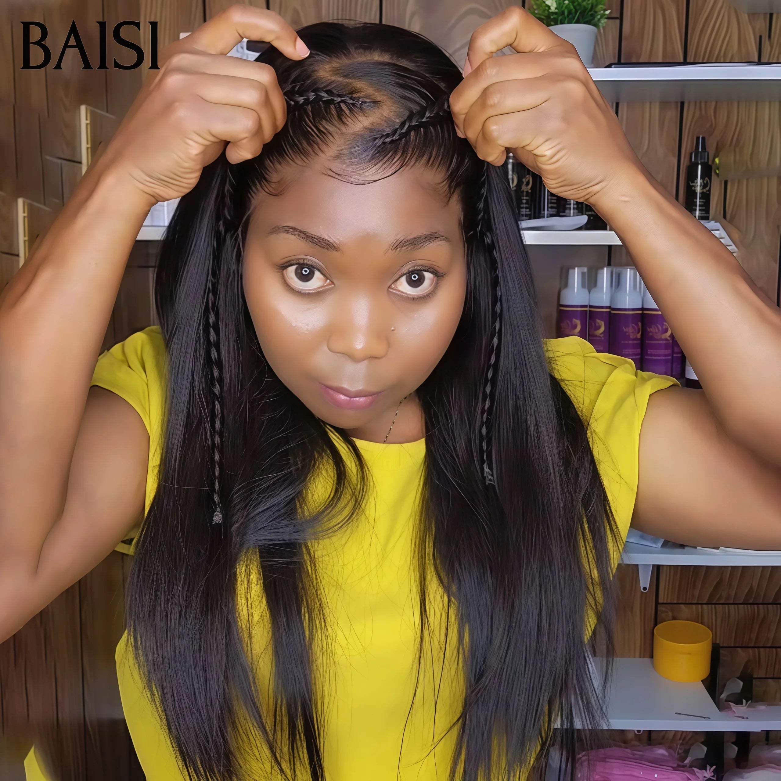 BAISI 13X4 lace frontal perruque Lisse 24 Pouces Petite natte frisé frontale 169€ identique à la photo NOIR 100% cheveux humains BS65