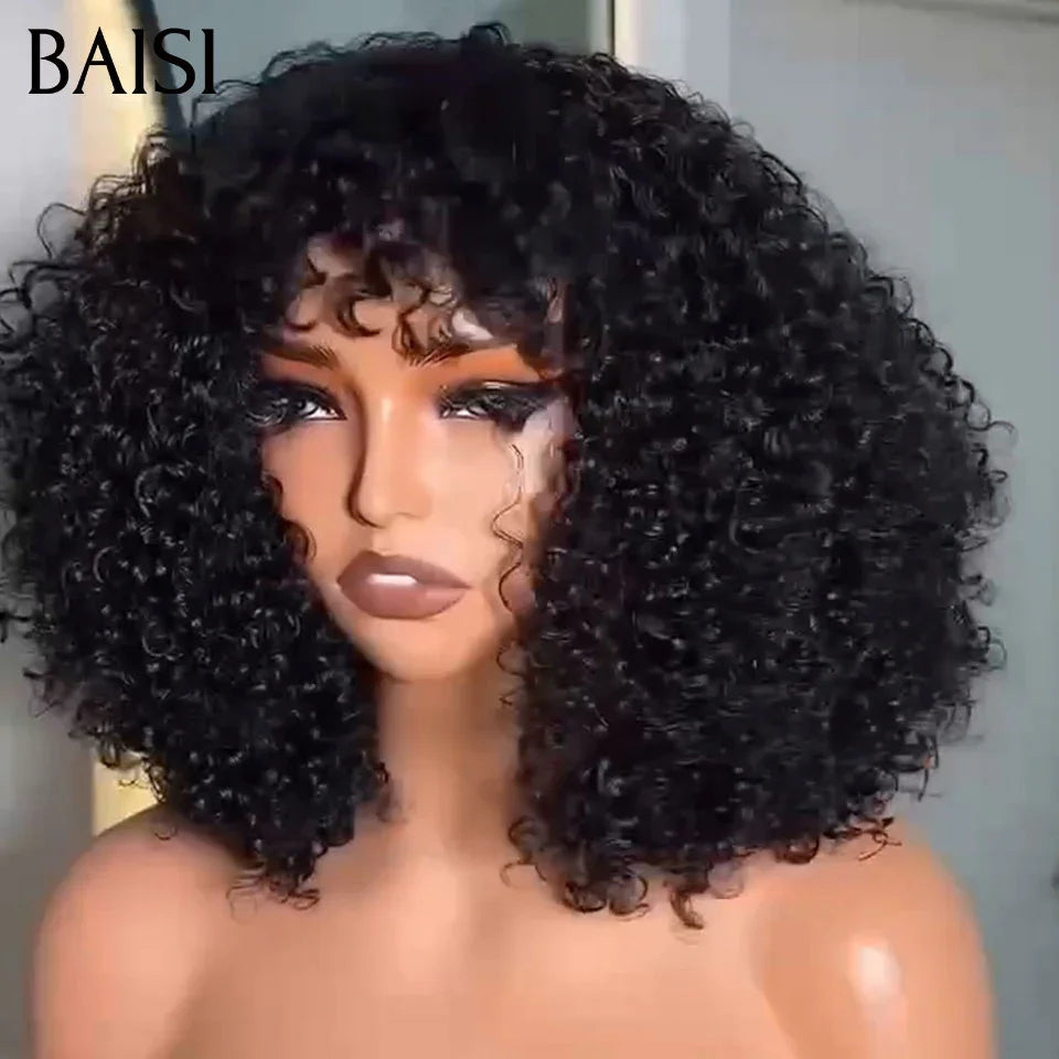 BAISI  Perruque PROMO 49€ Afro curly Wave avec Frange 8 Pouces en Couleur noir sans colle En 100% Vrais Cheveux Humais FR38