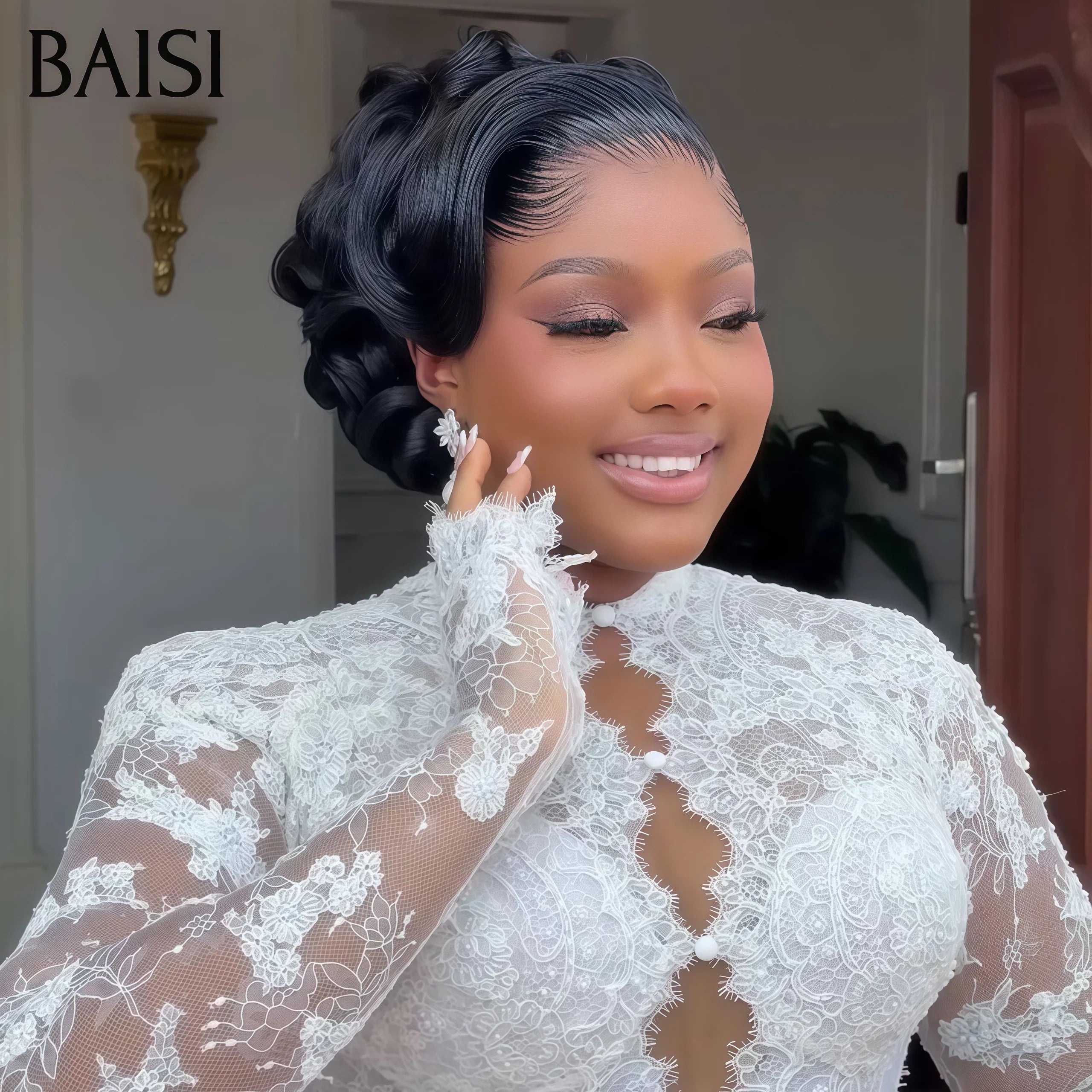 BAISI Coiffure de luxe Bridget Perruques Mariage noir Prête à porter chignon et personalisation comme sur la vidéo 100% identique avec lace frontale événement spécial BS120