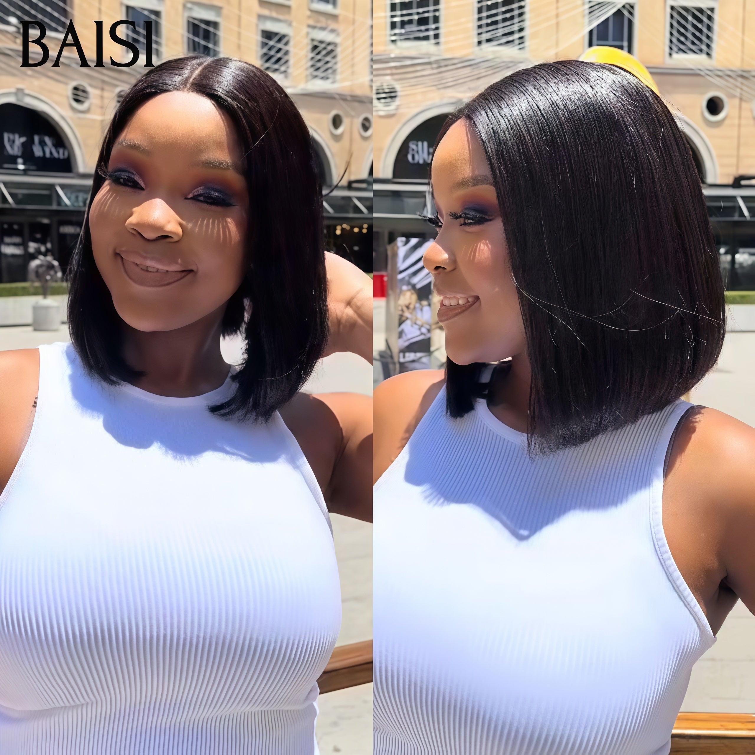 BAISI 13x4 Straight Bob Wig em preto sem cola renda frontal corte fácil de usar 100% cabelo humano B