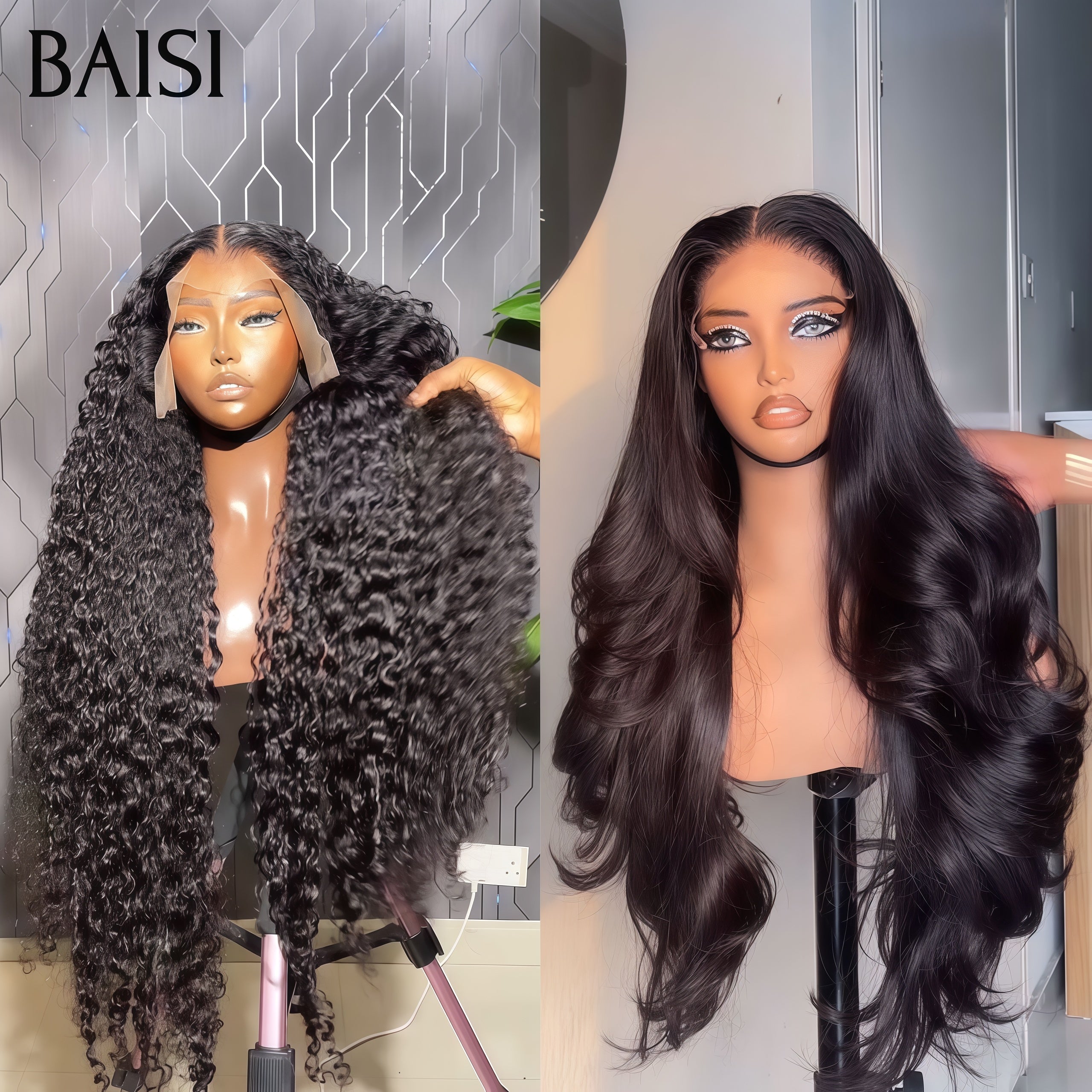 BAISI Wig Wholesale Price Today 299€ 2 Wigs 30 inches 4x4 lace closure body wave and 13X4 frontal curly wave 100% human hair