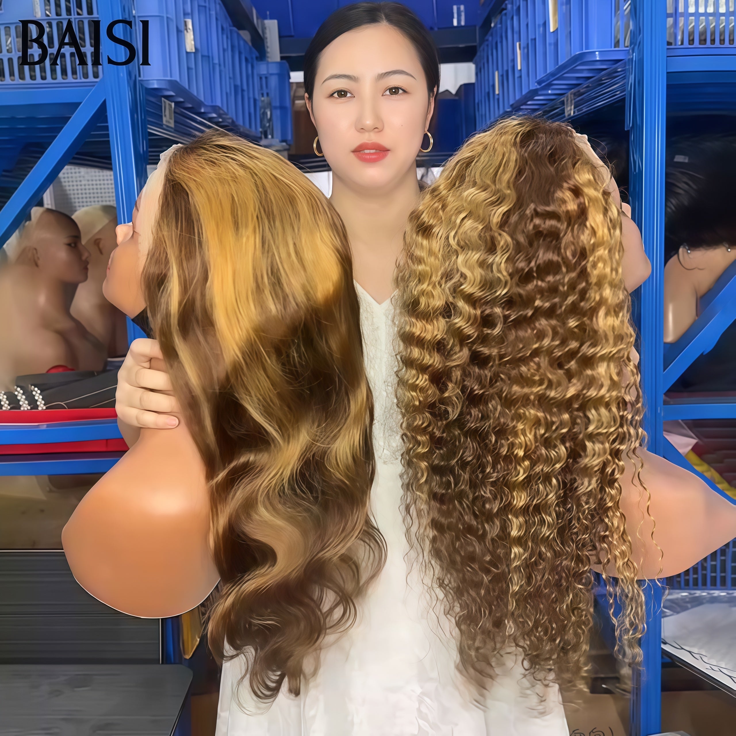 BAISI 2 Perruques 185€ 13X4 lace frontal 20 Pouces Body wave et curly wave en couleur Marron Mixte Miel en 100% vrais cheveux humains