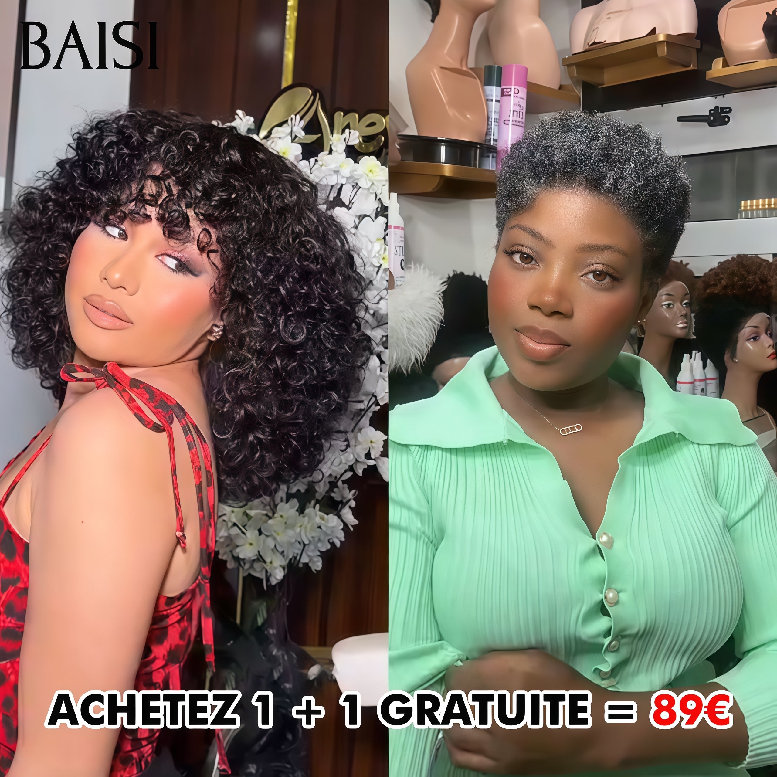 BAISI Achetez 1 + 1 Gratuite = 89€ water wave 12 pouces et sans lace afro curly gris 6 pouces en 100% Cheveux humains FR38