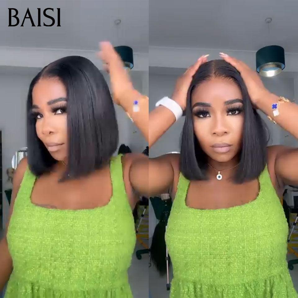BAISI Achetez 1 + 1 Gratuite = 119€ sans Colle pixie curly wave et 13X4 Lisse 12 Pouces en 100% Cheveux Humains  BS60