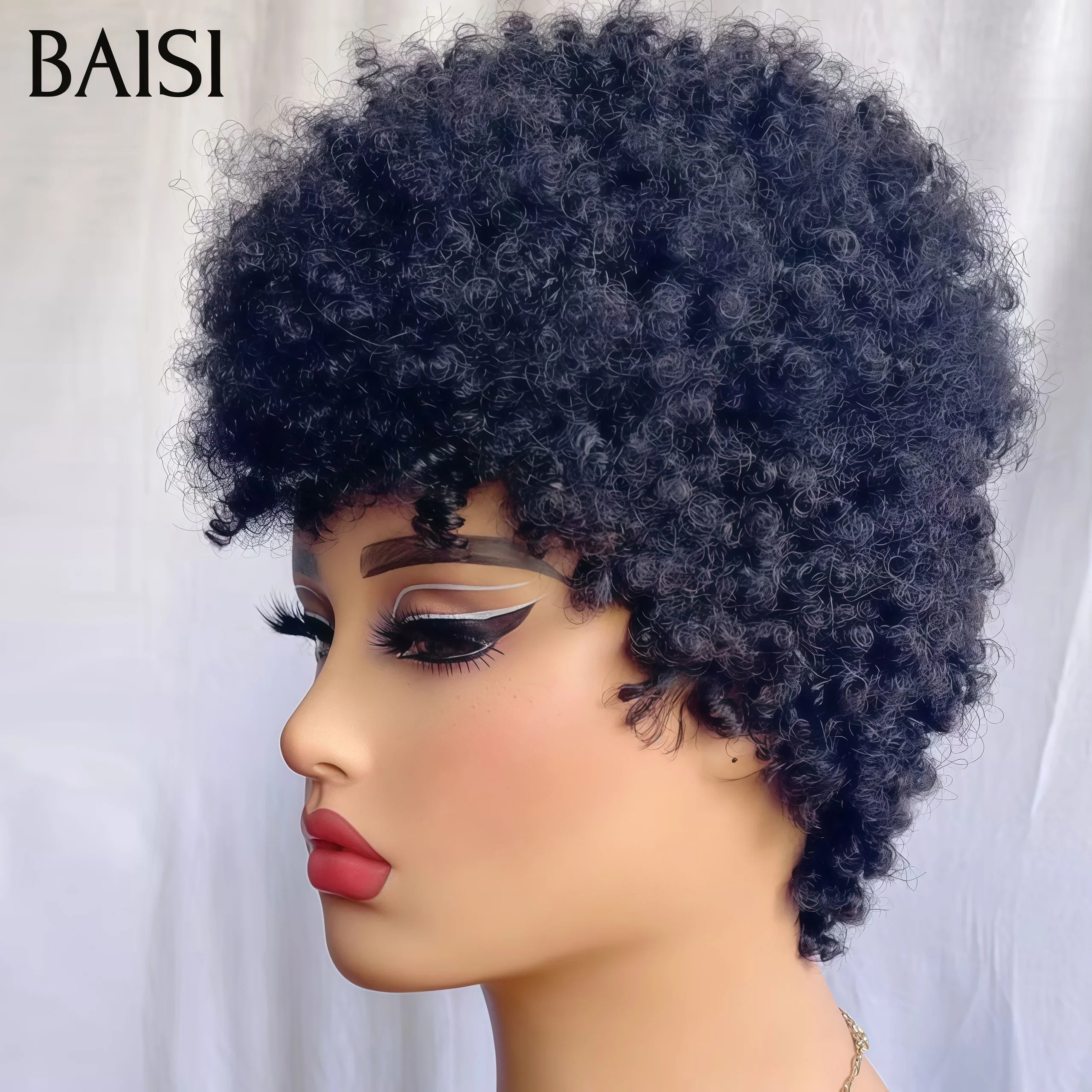 BAISI bob afro rizado 45€ negro sin pegamento sin encaje en 100% Cabello Humano hecho a máquina FR38