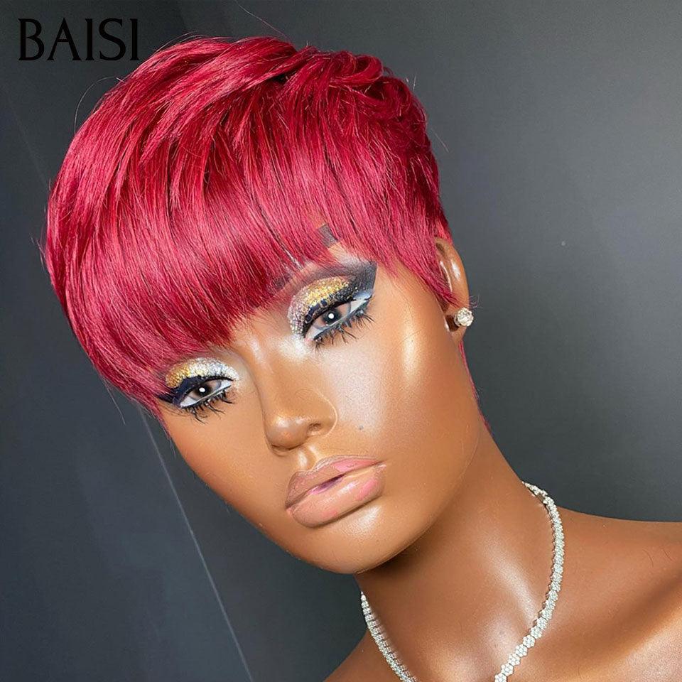 BAISI Achetez 2 perruques minimum au prix d'usine fournisseur perruque pixie finger wave ou Lisse 99J# ou bouclé curly sans colle sans lace ou afro curl avec frange en noir 10 Pouces en 100% vrais cheveux humains