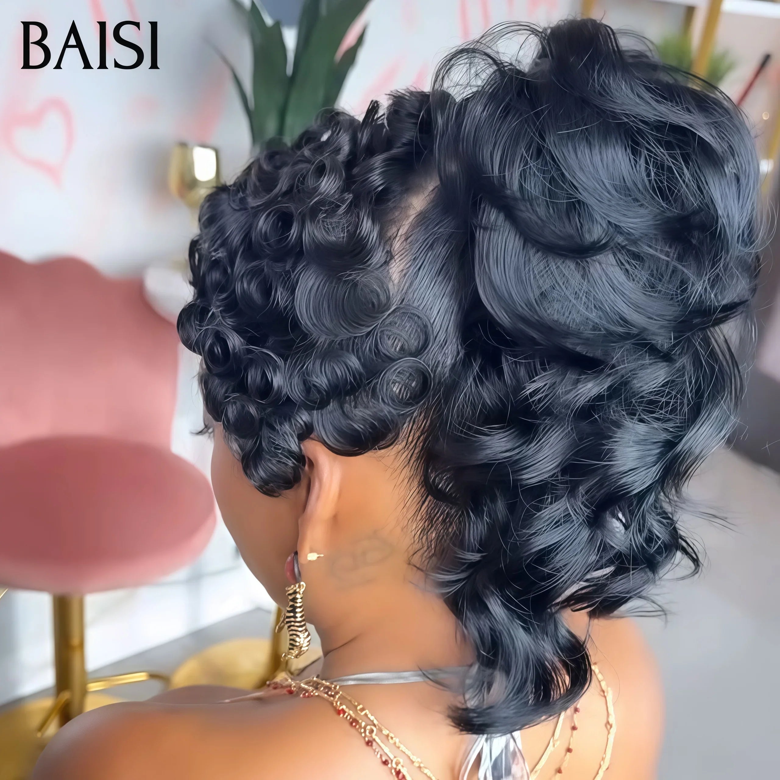 BAISI Perruque Pixie Finger Wave petite coupe fabriqué à la machine  100% comme indiqué sur la photo couleur naturelle En 100% Cheveux Humains