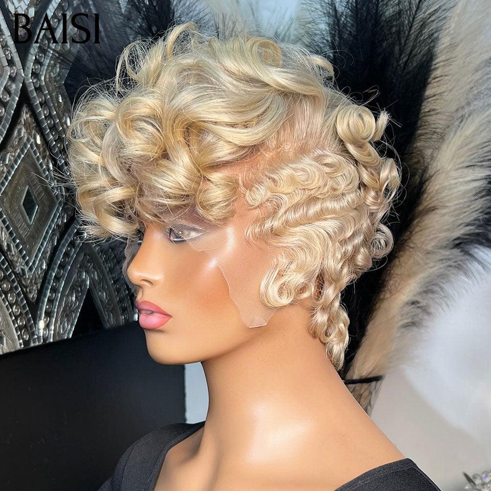 Parrucca ondulata BAISI Taglio pixie taglio intero in pizzo Onda con dita taglio piccolo in colore nero in capelli umani al 100% BS50