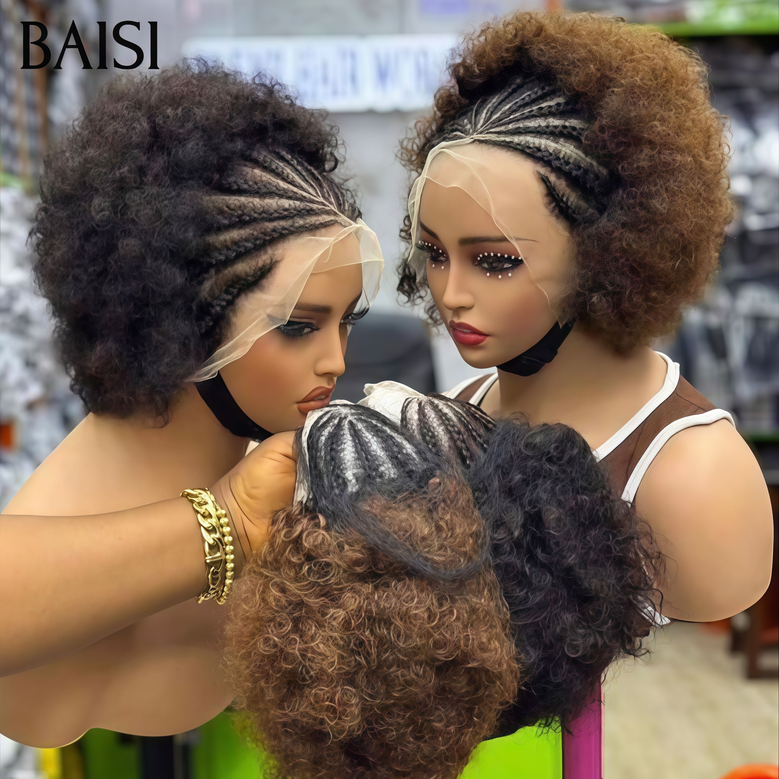 BAISI Arrivage Promo 13x4 lace frontal pixie afro curly wave avec coiffure tressée natte en couleur Marron et NOIR en 100% Cheveux Humains