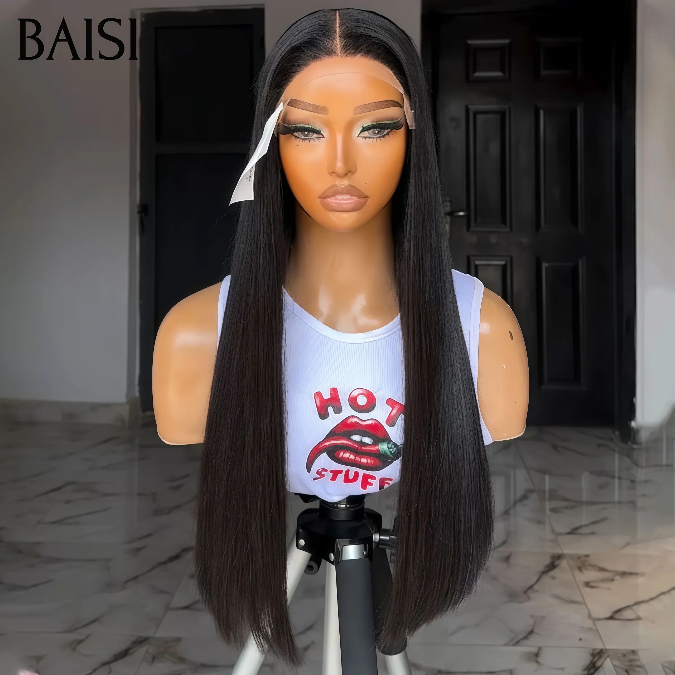 BAISI Achetez 2 perruques minimum au prix d'usine fournisseur 4x4 Lace Frontal Closure Perruque Lisse en Noir en 100% Cheveux Humains