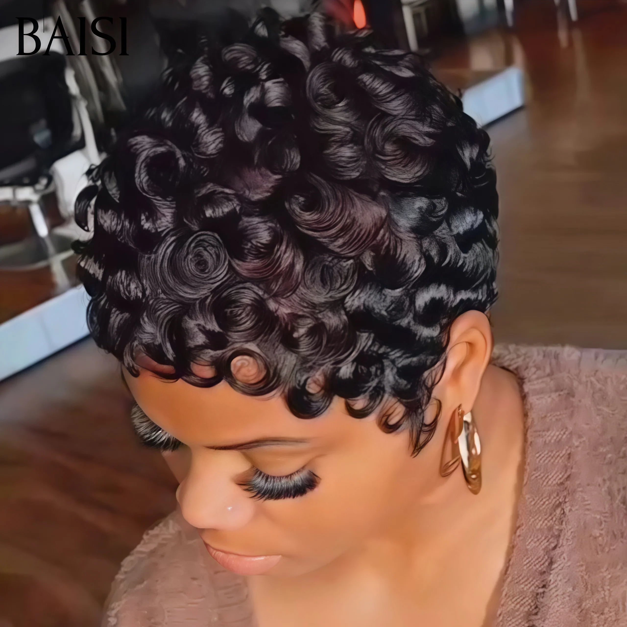 BAISI Offre Flash 38€ Perruque Pixie Finger Wave petite coupe fabriqué à la machine En 100% Cheveux Humains