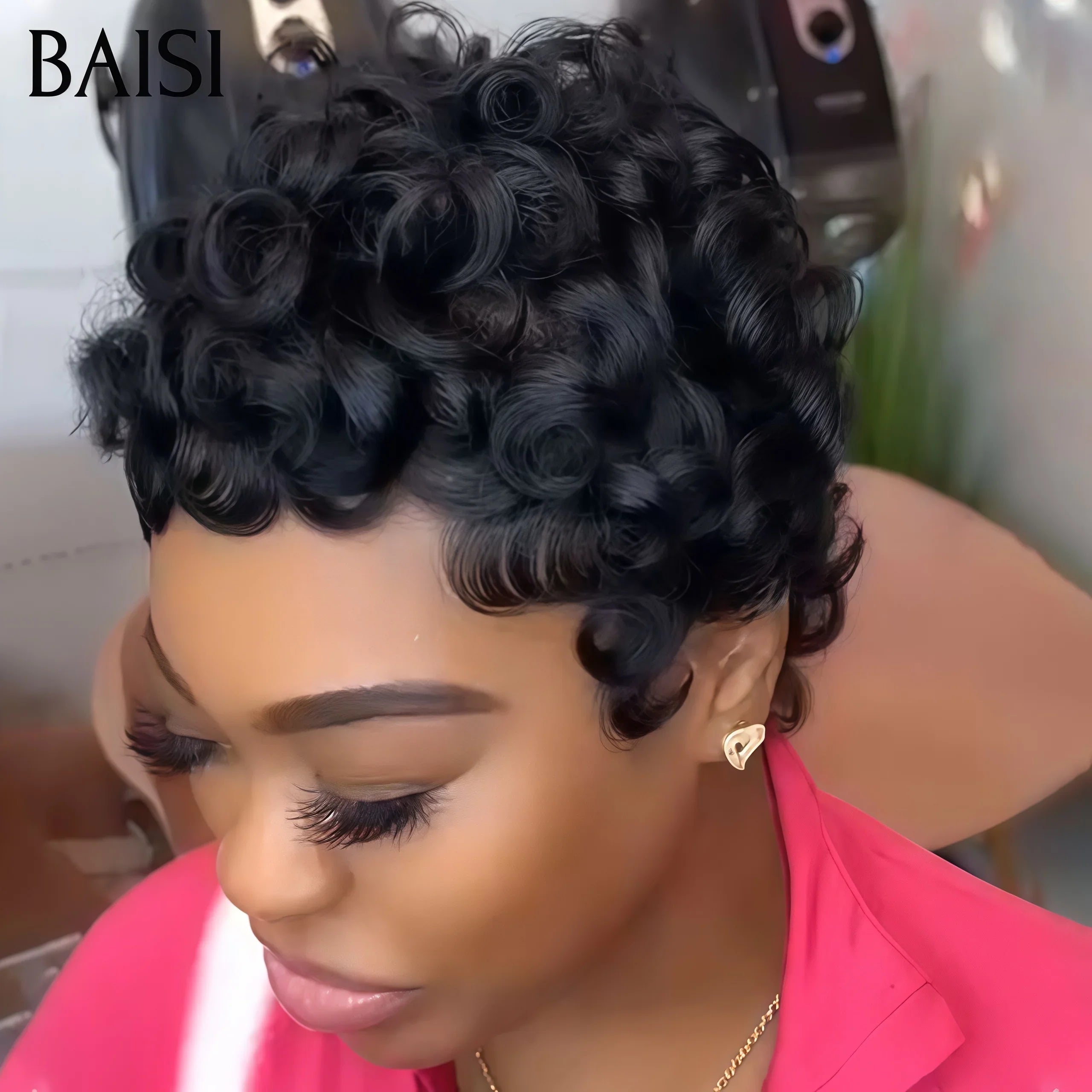 BAISI Vendita Flash 39€ Acconciatura Pixie Finger Wave in Francia 13x4 Fronte in Pizzo Parrucca Personalizzata con la Righetta Laterale in Colore Naturale
