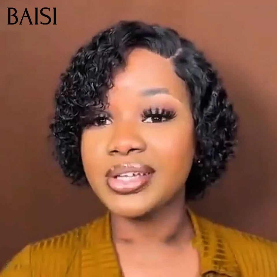BAISI Pixie Wig 4X4 Egg Curls Black Side Parting 1B# €79 in 100% Human Hair BAISI20