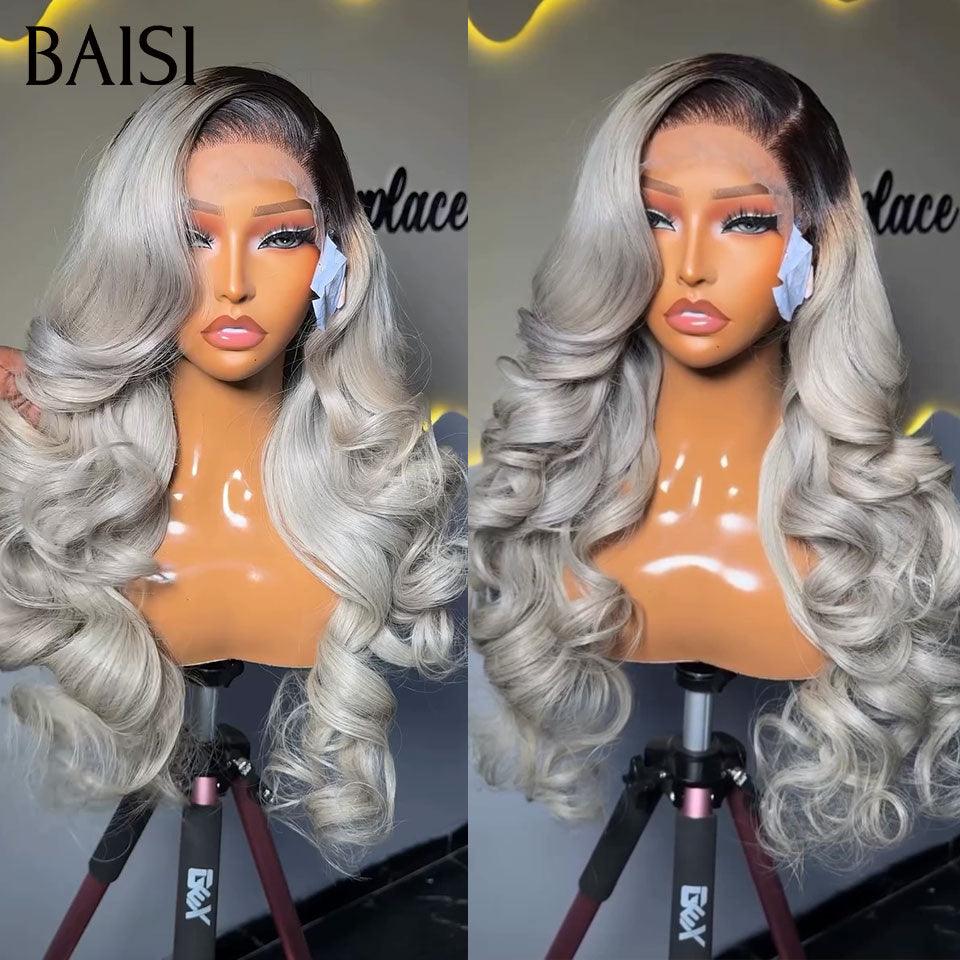 BAISI Collection Poivre et Sel 13X4 Frontal Perruque Body Wave grise claire mixte violet  En 100% Vrais Cheveux Humains