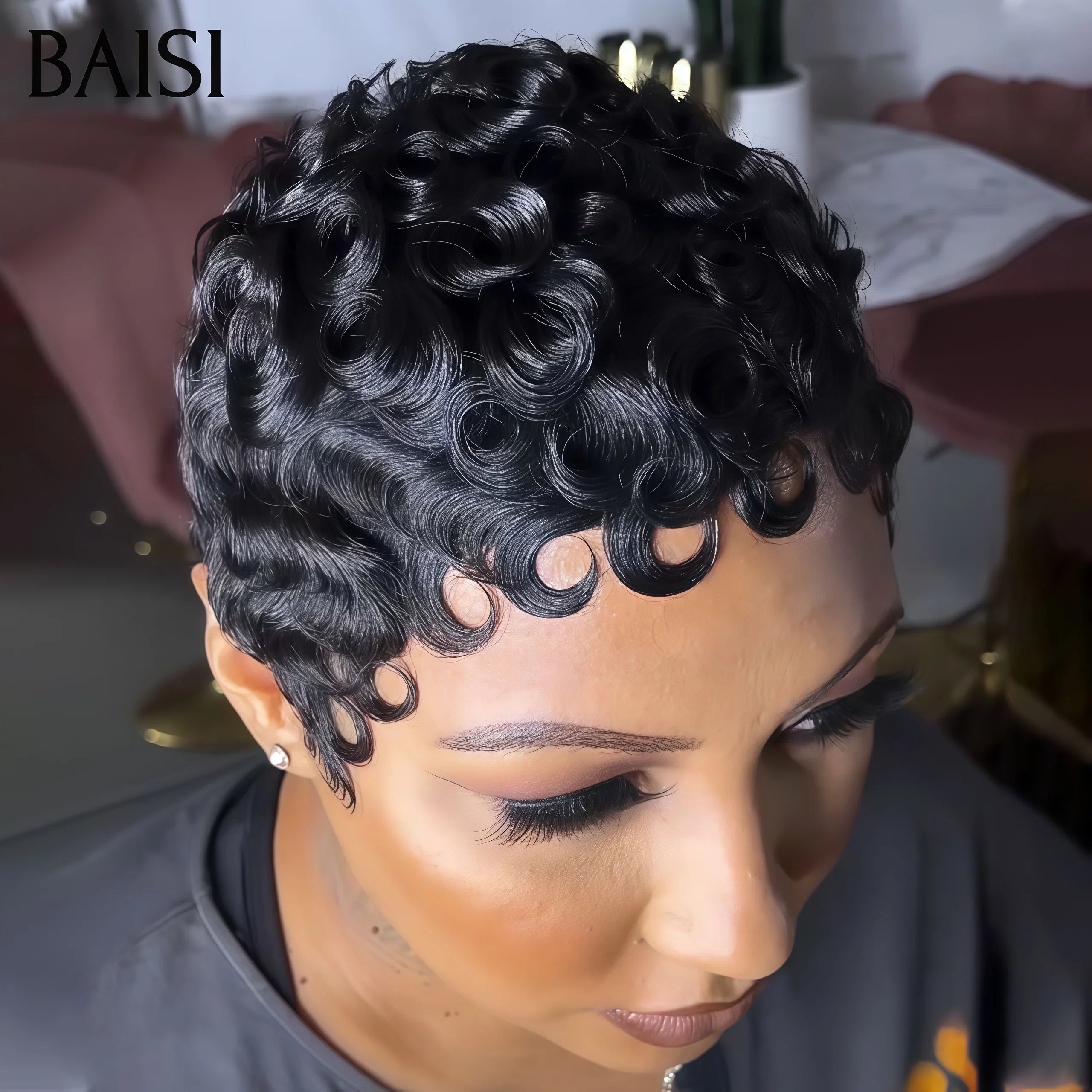 BAISI Perruque Pixie Finger Wave petite coupe Sans Lace 39€ Coiffure Perruque Full Lace En 100% Cheveux Humains B FR20