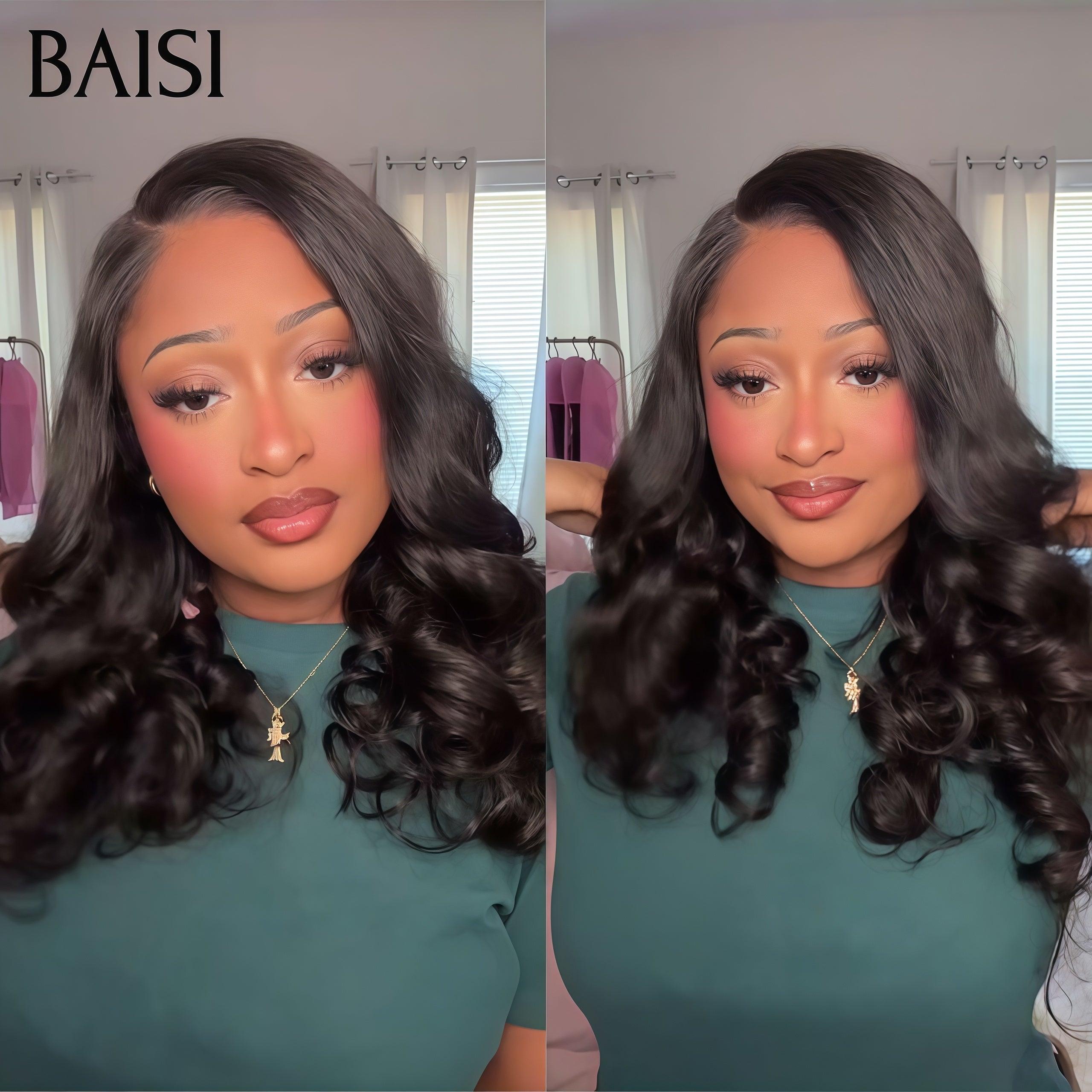 BAISI 13x6 frontale gerade vorgezupfte Perücke, kein Kleber erforderlich, in 100 % Rohhaar, Spitze bereits geschnitten B