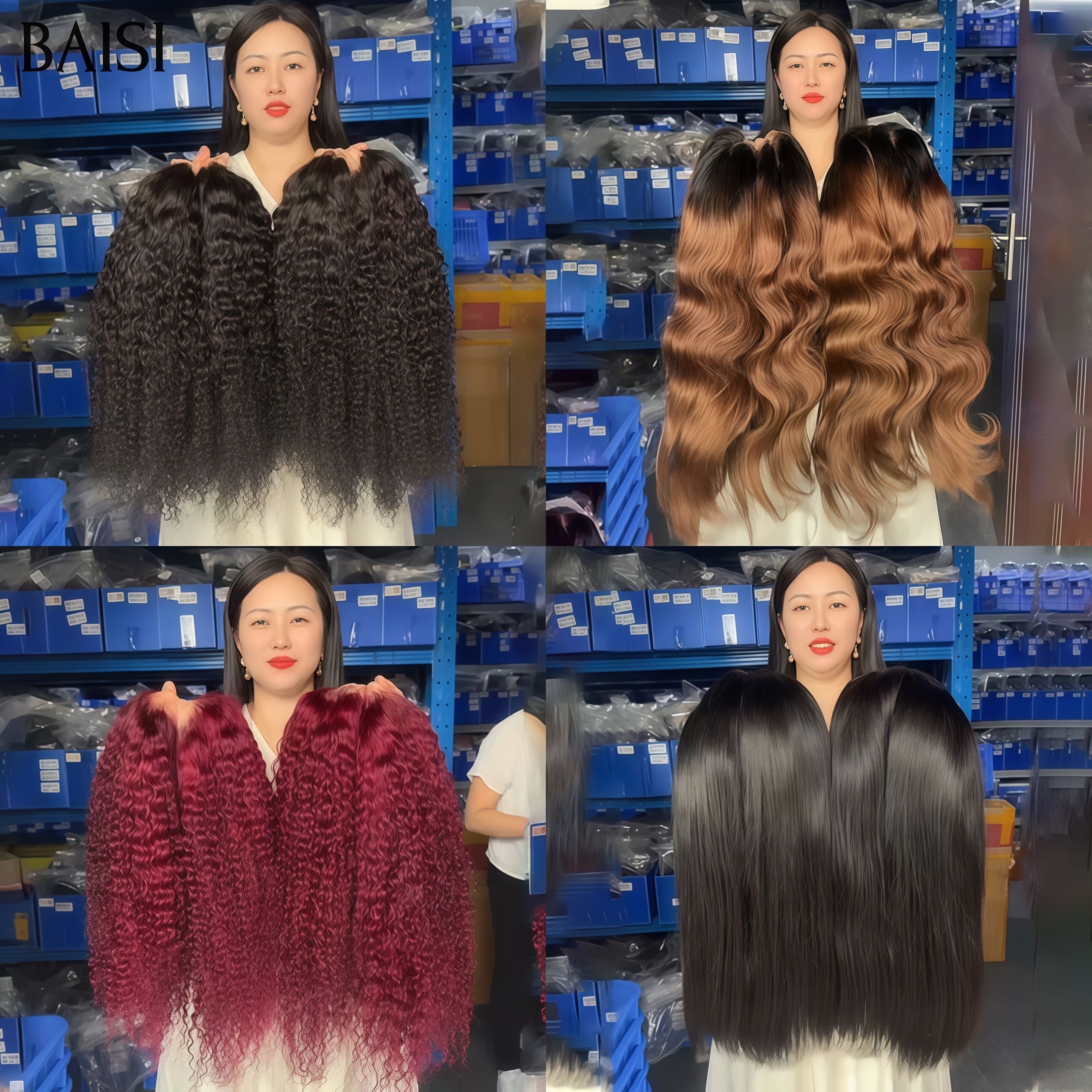 BAISI Ventes En Gros 4 perruques 260€ 13x4 lace frontal 18 Pouces curly wave en couleur Bordeaux et noir et body wave marron et lisse noir en 100% Cheveux Humains