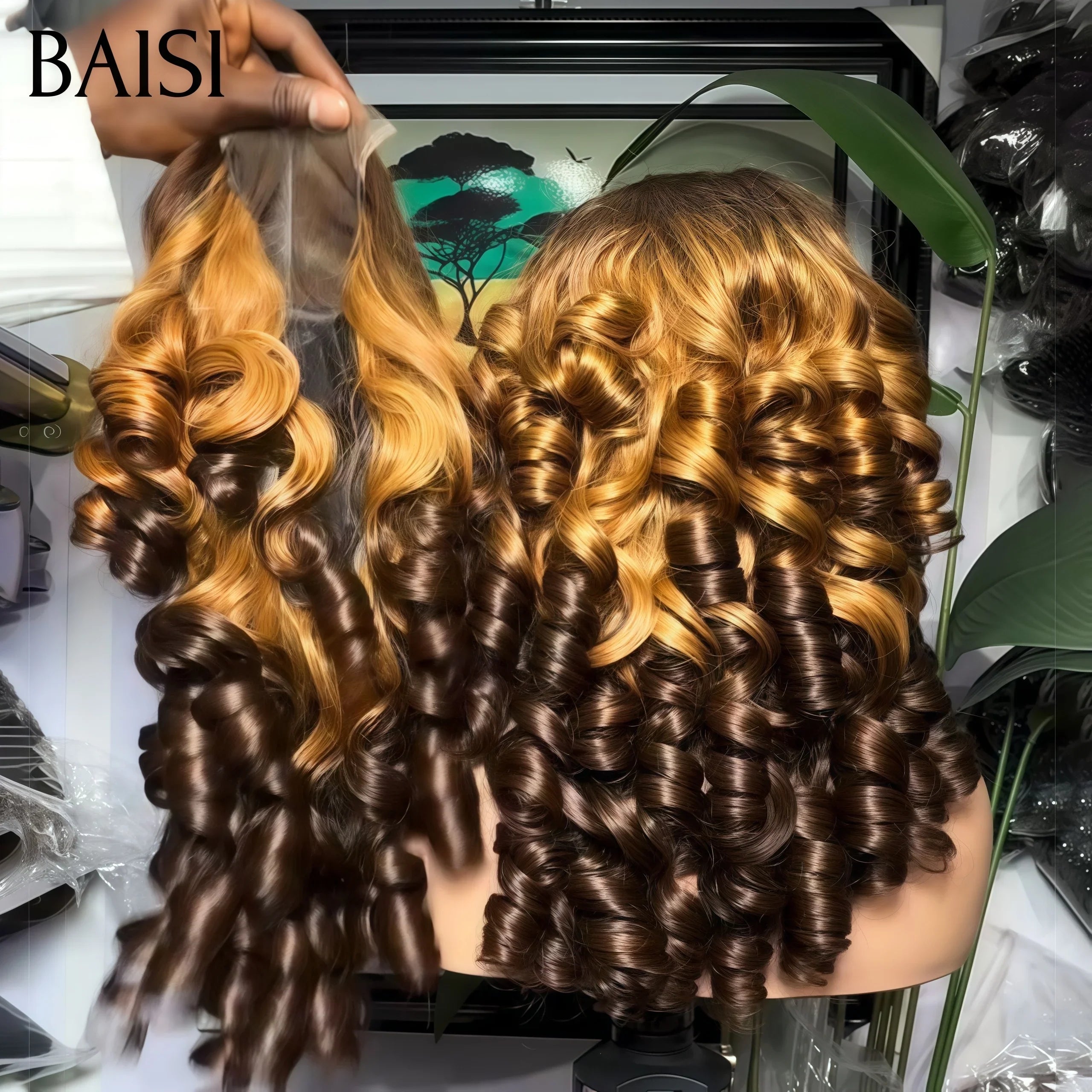 BAISI Perruque lace closure Bouclée loose Wave en Couleurs Marron Mixte Miel 4#27# en 100% Cheveux Humains BS65