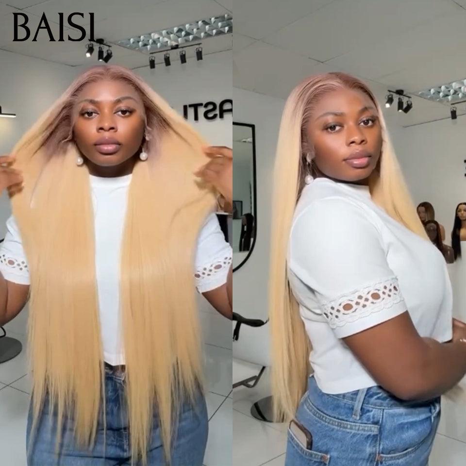 BAISI 13x4 Frontal Perruque Lisse En marron Blonde 4#613 Coupe Carrée En 100% Vrais Cheveux Humains