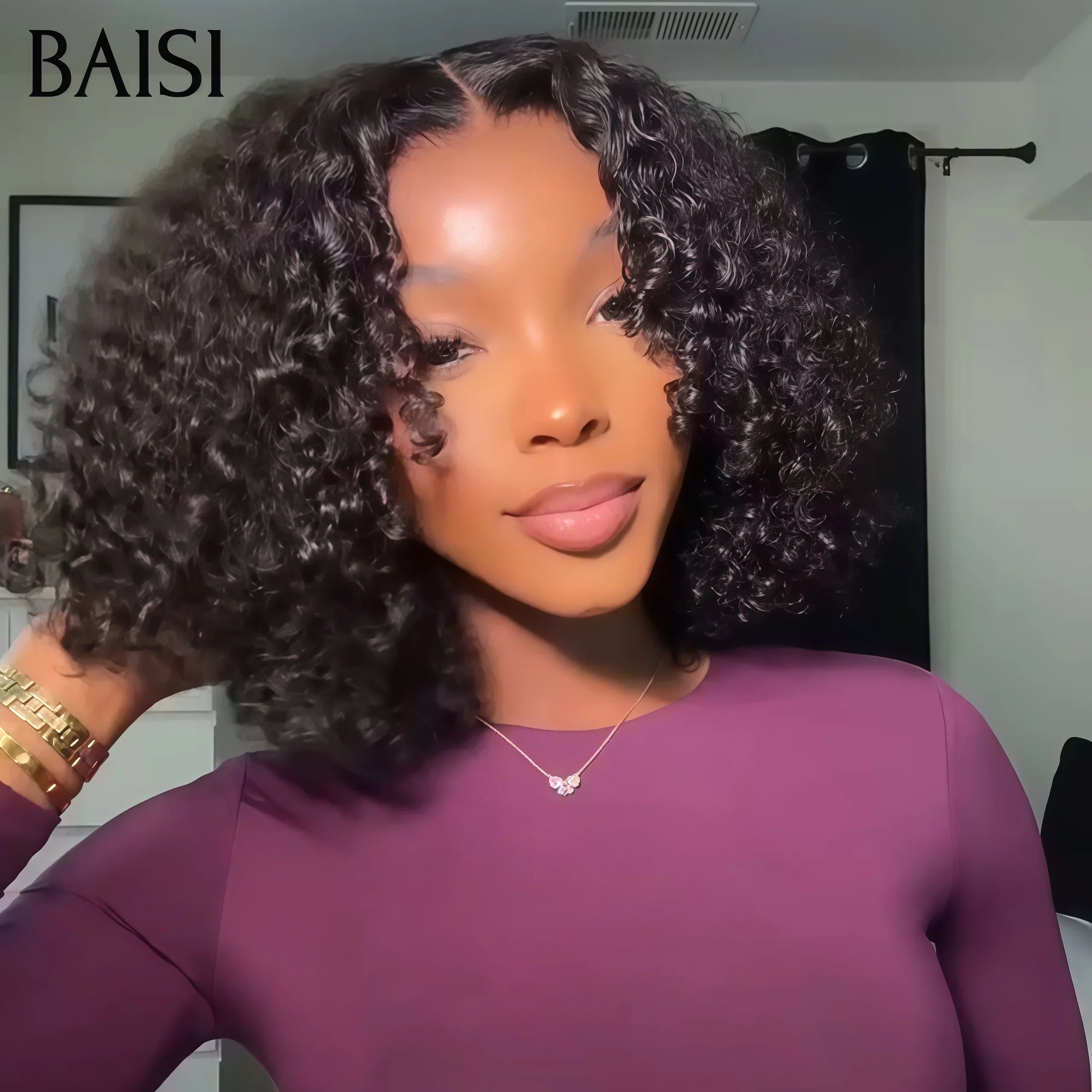 BAISI Perruques 4x4 Lace Perruque 250% de volume water wave NOIR en France Pré-plucked Pas Besoin de Colle en 100% Raw Hair Lace déjà couper BS60