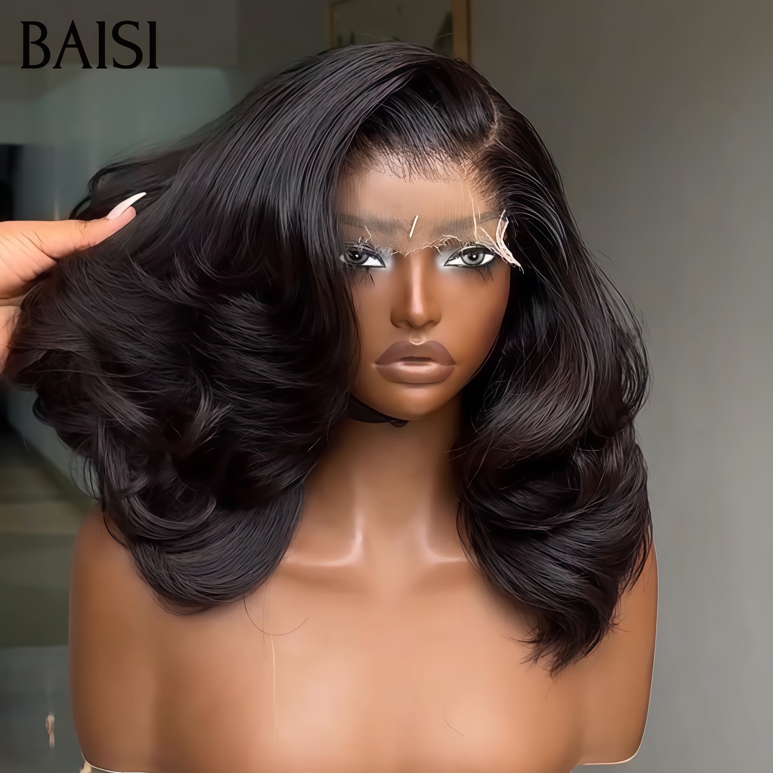 BAISI 4x4 Perruque Bob Body Wave 16 Pouce 129€ en Noir Sans Colle Lace déjà couper Facile à Porter en 100% Cheveux Humains D CODE: FR20
