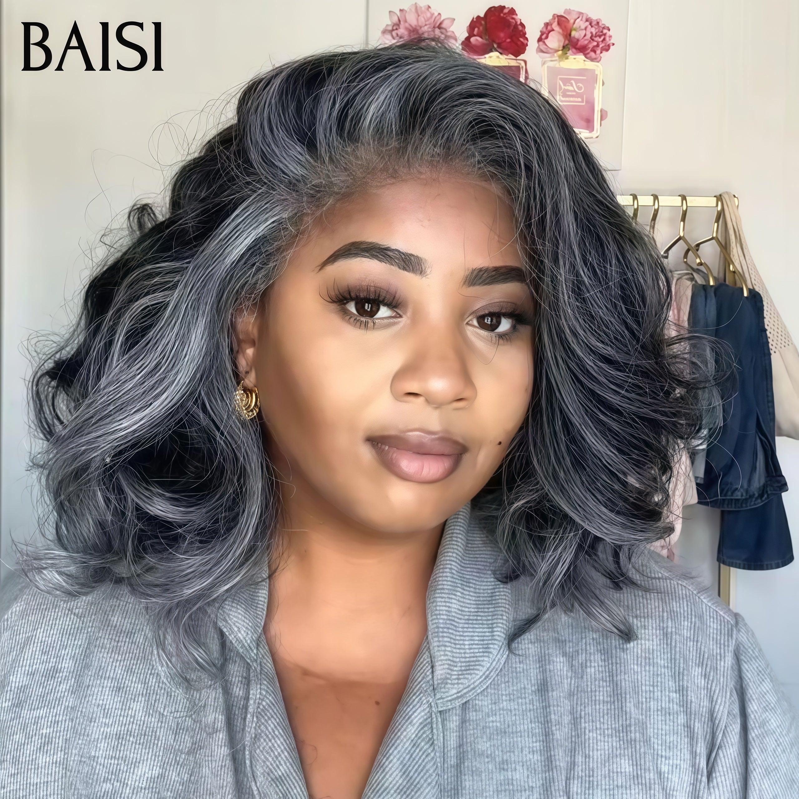 BAISI Collection Poivre et Sel 13X4 Perruques de Luxe Haute Qualité kinky mixte gris 4C 12 pouce 250% densité  plus de 20 ans d' utilisations