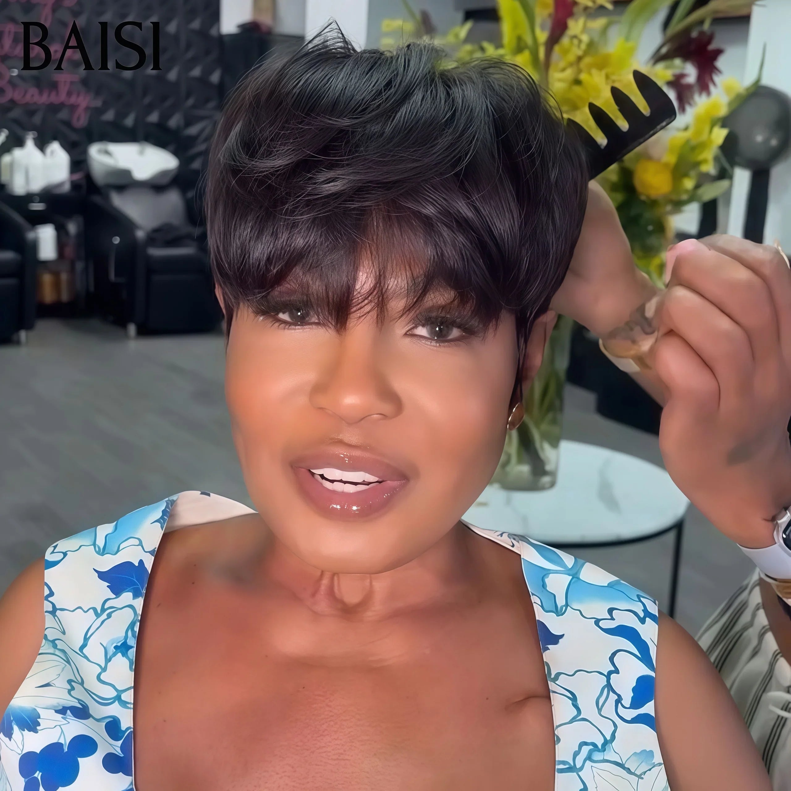 BAISI Achetez 2 perruques minimum au prix d'usine fournisseur perruque Fabriqué à la Machine pixie Lisse ou  Perruque curly wave Mixte 100% Cheveux Humains Fabriqué à la Machine  ( pas besoin de code)