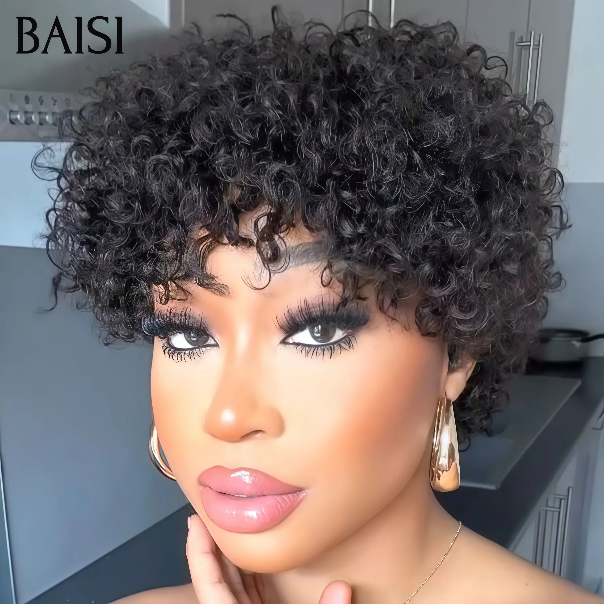 BAISI sans Colle Fabriqué à la Machine curly wave 54€ ou 13X4 Perruque pixie Vague curly En Couleur Noir 85€ en 100% Cheveux Humains