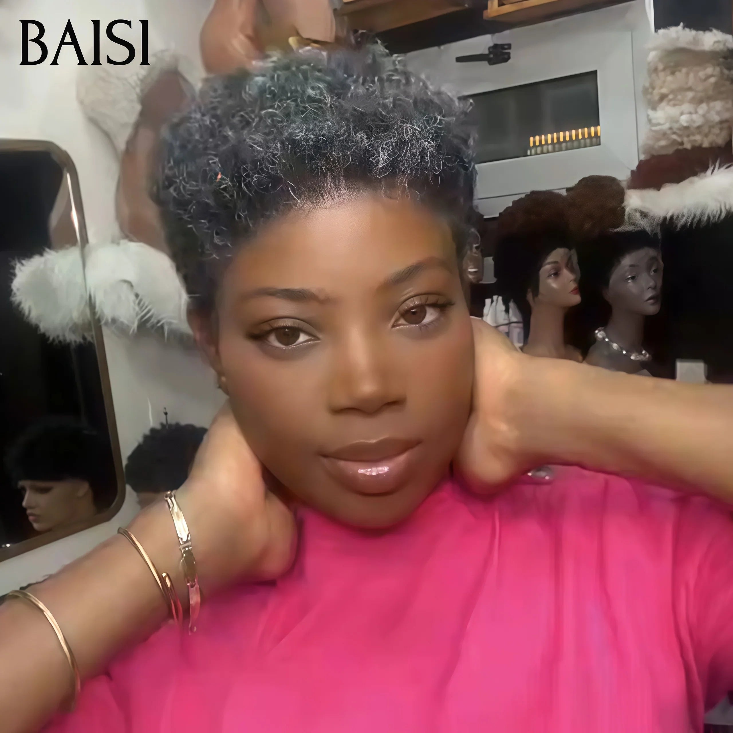 BAISI Pixie Afro Curl Wig 13x4 lace frontal curly all over Black in 100% human hair F-905