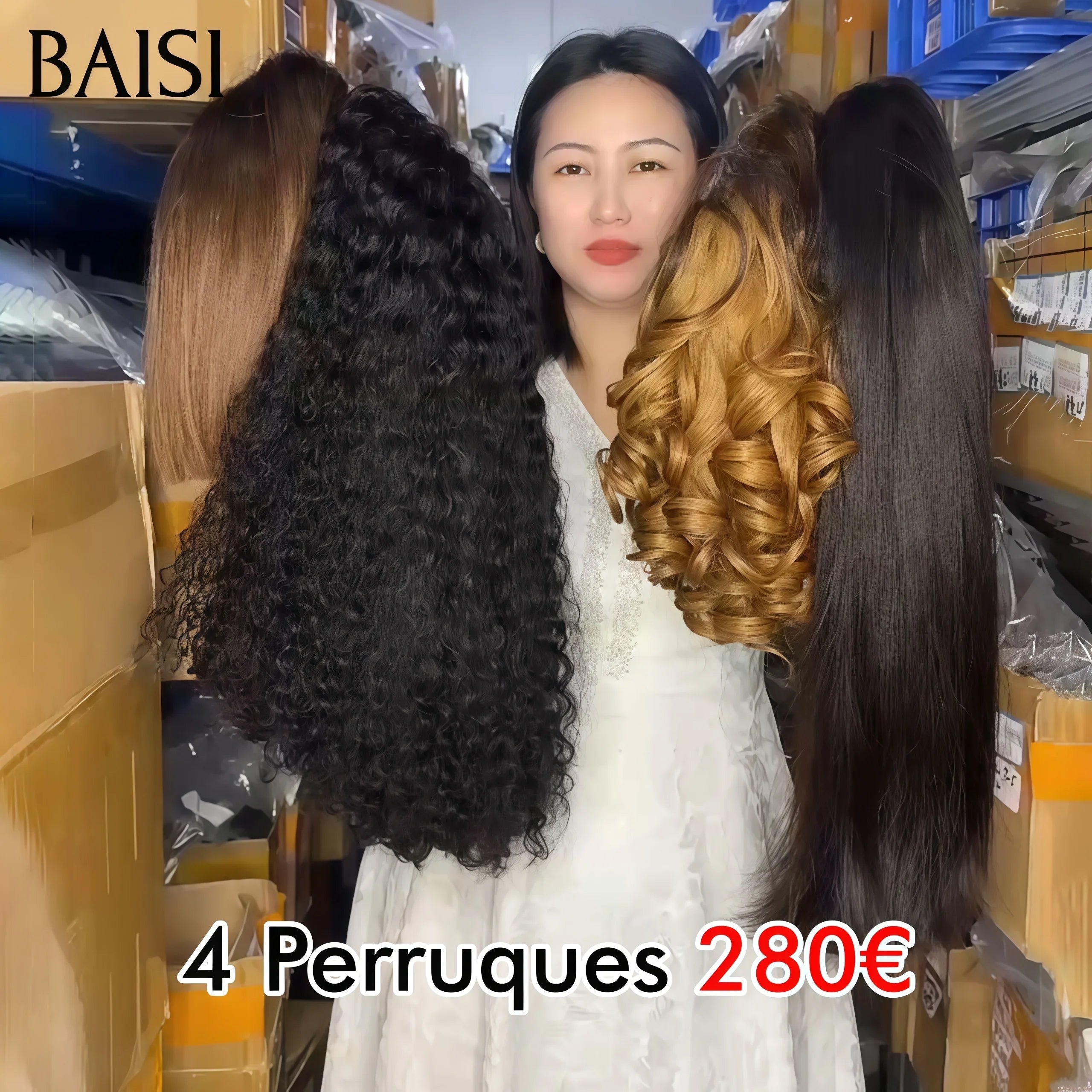 BAISI Lot de 4 perruques Flash Offer PROMOTION 280€ 4 styles de perruques différents 4X4 lace Lisse et curly 18 Pouces et 4X4 Lisse 1BT4# 10Pouces et 13X4 egg wave 14 Pouces en 100% vrais cheveux humains FR38