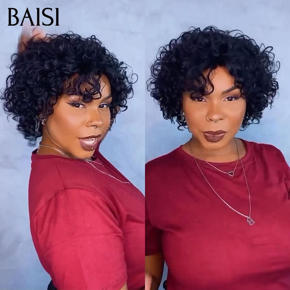 BAISI Perruque Pixie curly en couleur noir 69€ sans colle sans lace  100% Cheveux Humains Fabriqué à la Machine BS60