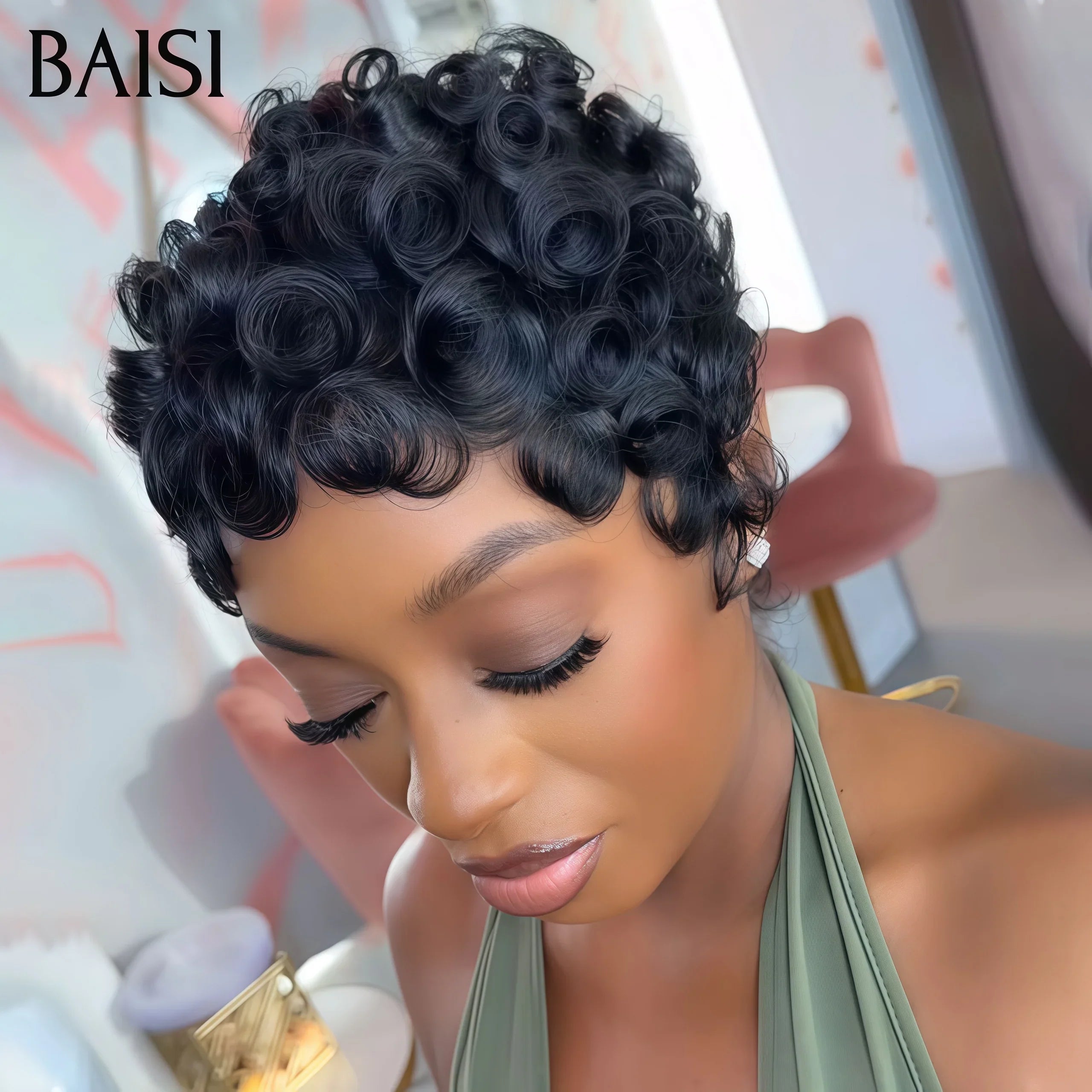BAISI 50€ Perruques Chioma Pixie Finger Wave petite coupe fabriqué à la machine couleur naturelle En 100% Cheveux Humains