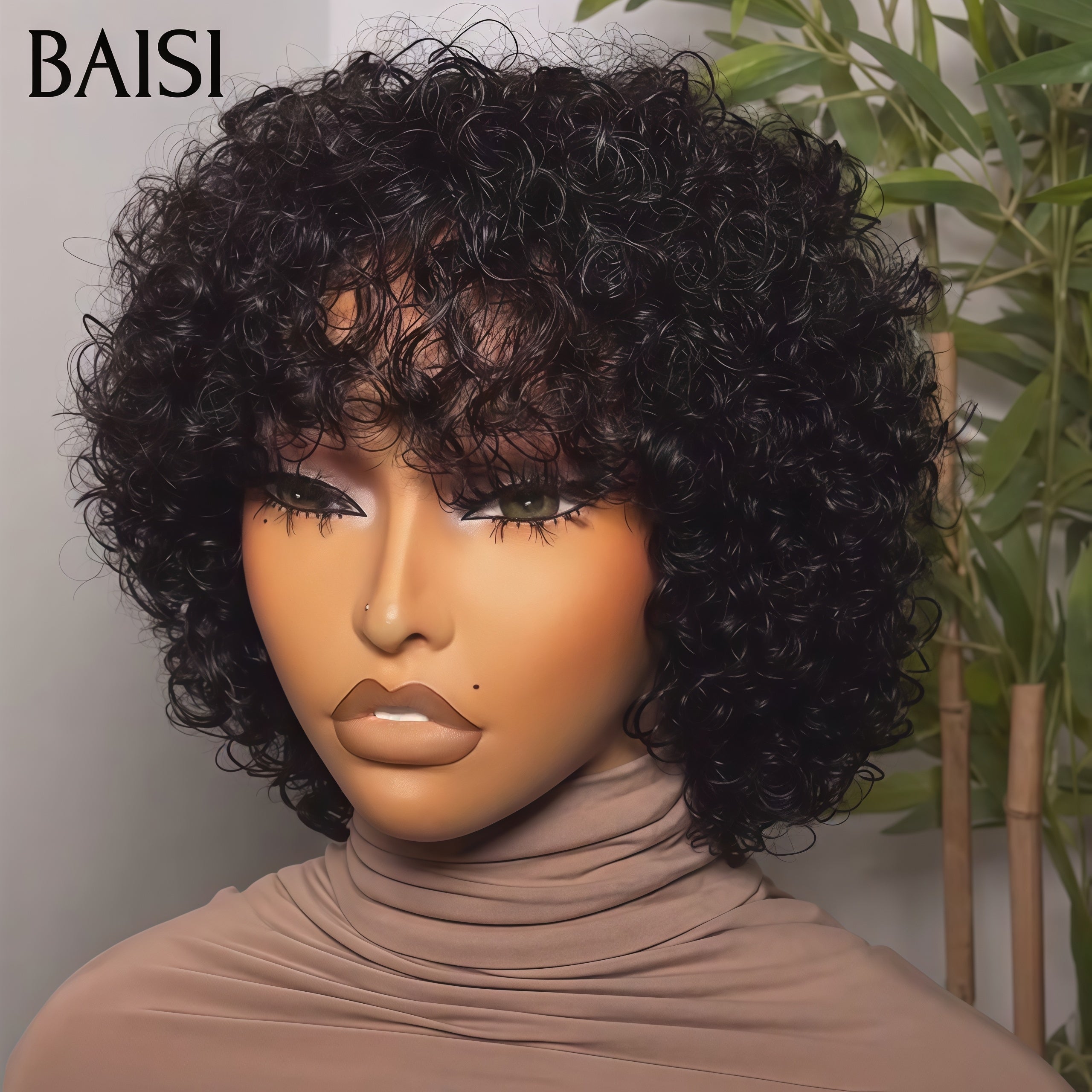 BAISI BOB en Couleur NOIR afro curl avec frange  petite coupe fabriqué à la machine Sans Colle Sans Lace BS65