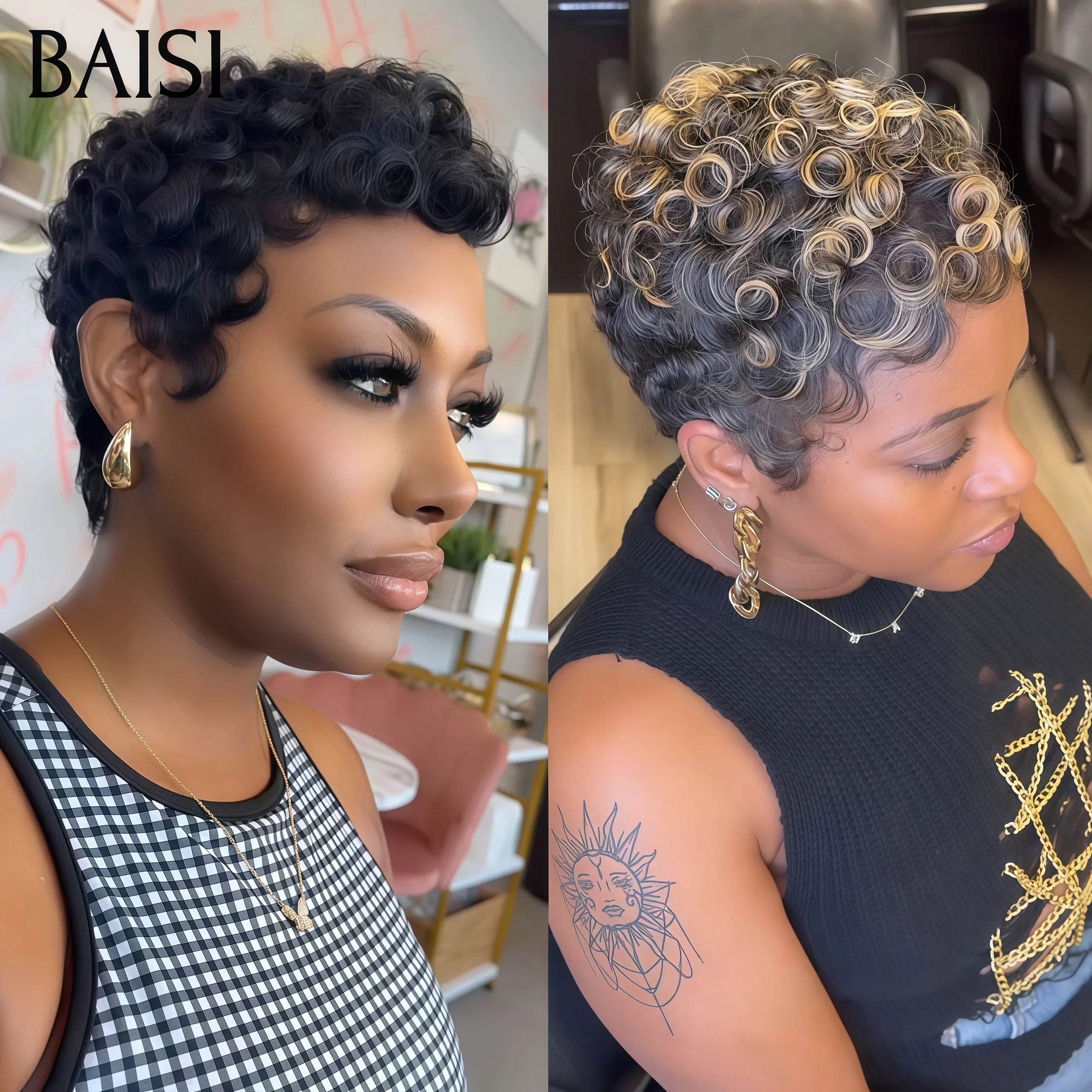 BAISI 2 perruques Flash Offer 50€ Vente en gros en France Perruques Chioma pixie finger wave Fabriqué à la Machine en couleur 4/27# ou 1B# en 100% vrais cheveux humains BS60